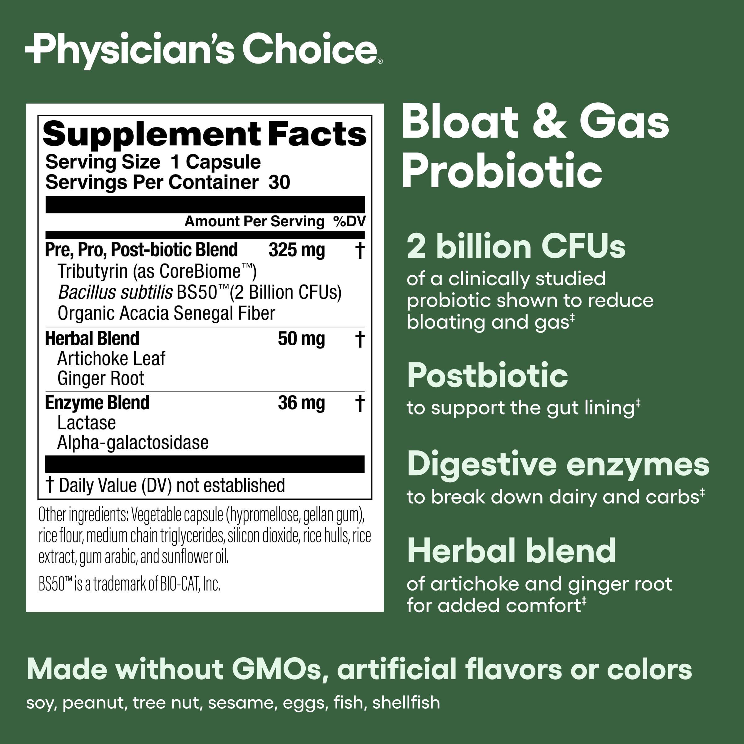 Physician\'s CHOICE Physician\'s CHOICE Bloat & Gas Probiotic 5-in-1 Proactive Support + Daily Relief - Digestion & Gut Health- Herbals, Digestive Enzymes, Post & Prebiotics - Gas Relief for Adults - Women & Men - 30ct