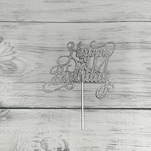 JIEEIN Happy Birthday Cake Topper for Birthday Party Decorations,(Double Sided Silver Glitter)