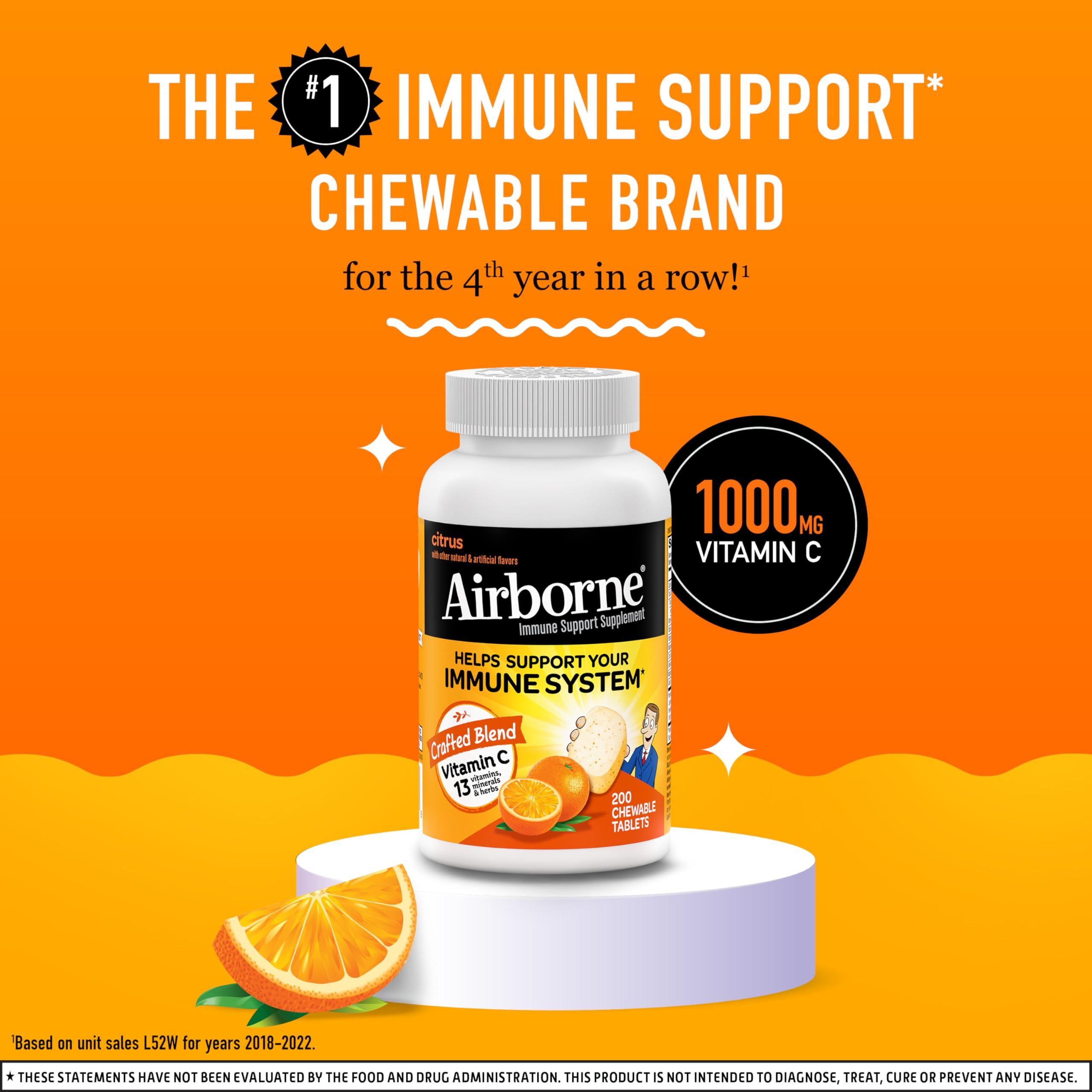 Airborne Airborne 1000mg Chewable Tablets with Zinc, Immune Support Supplement with Powerful Antioxidants Vitamins A C & E - 200 Tablets, Citrus Flavor
