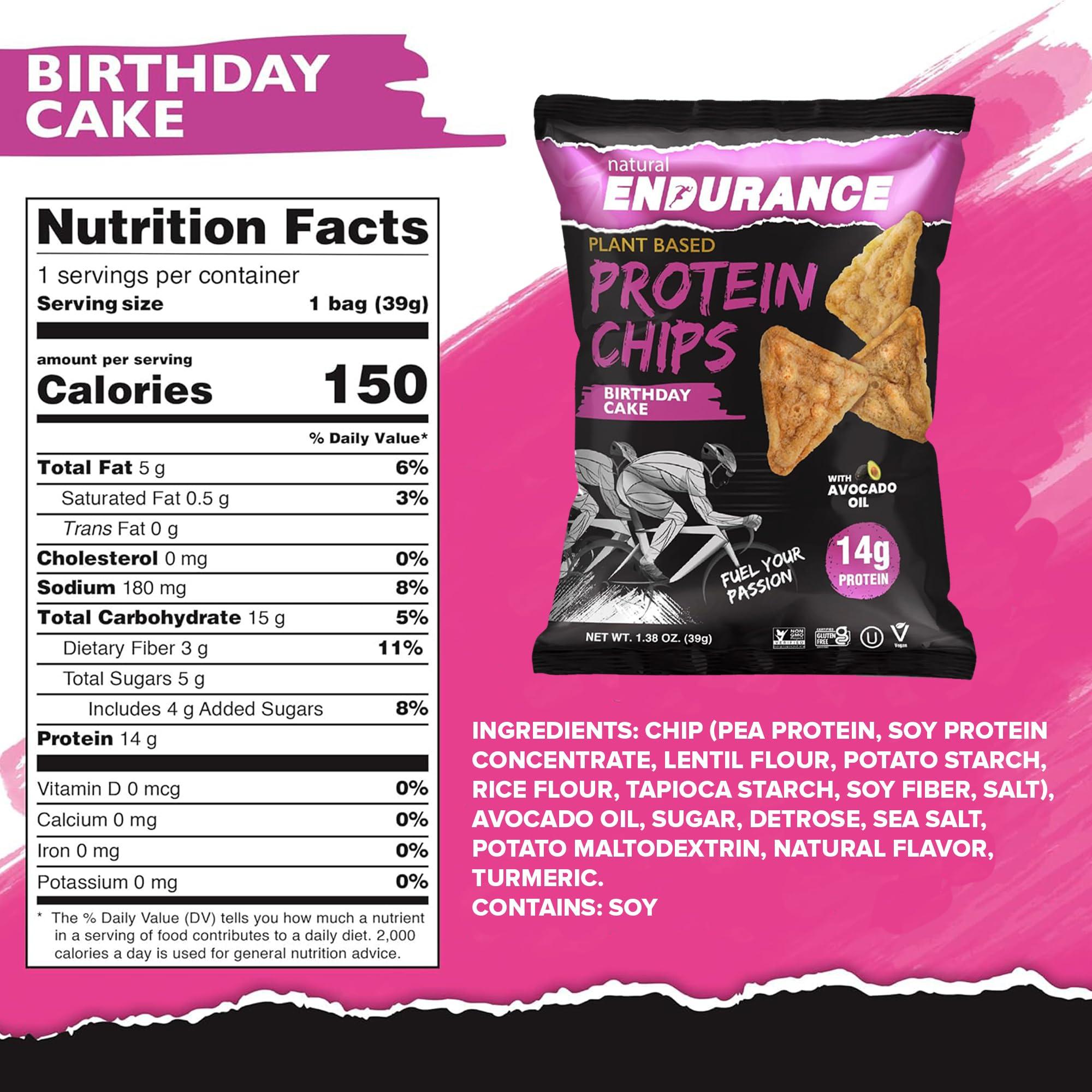 natural ENDURANCE Natural Endurance Protein Chips - Low Carb Chips, High Protein Snack, Vegan Protein with Avocado Oil, 14g Protein Per Bag, Gluten Free, Birthday Cake Flavor - 1.38 oz Bags (Pack of 12)