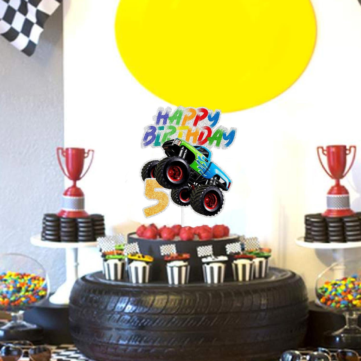 SugarGera Big Wheels Truck Cake Topper Truck Theme Kids 5th Birthday Happy Decoration, Boy or Girl Big Truck Themed Birthday Party, Racing Themed Party, Transportation Themed Party Decoration. SugarGera