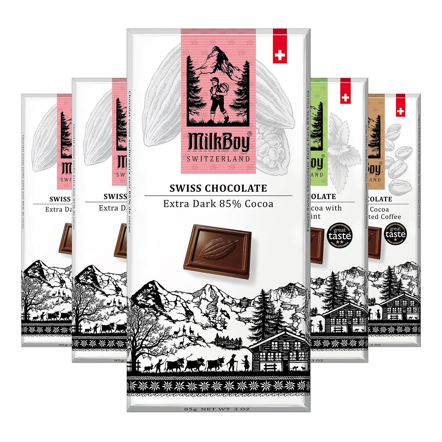 Milkboy Swiss Chocolates Milkboy Swiss 85% Dark Chocolates Variety Pack - Chocolate Bars - Crafted in Switzerland - All Natural, Sustainably Farmed Cocoa - Gluten & GMO Free, Vegan - 3 oz (Pack of 5)