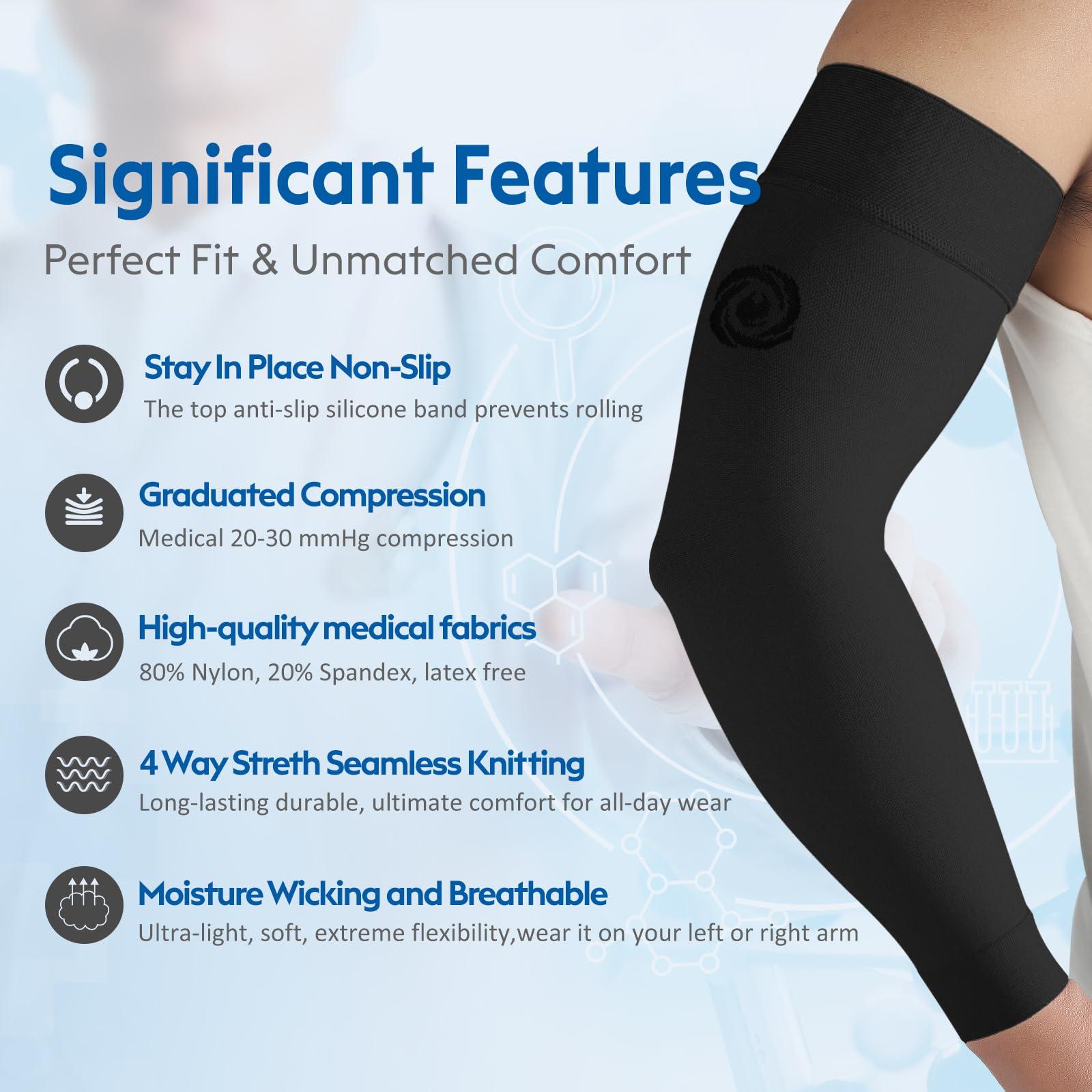 NURCOM NURCOM® Medical Compression Arm Sleeve for Men Women, 2 Pack, 20-30mmHg Full Arm Support with Silicone Band for Lymphedema, Lipedema, Pain Relief, Edema, Swelling, Post Surgery Recovery, Black L