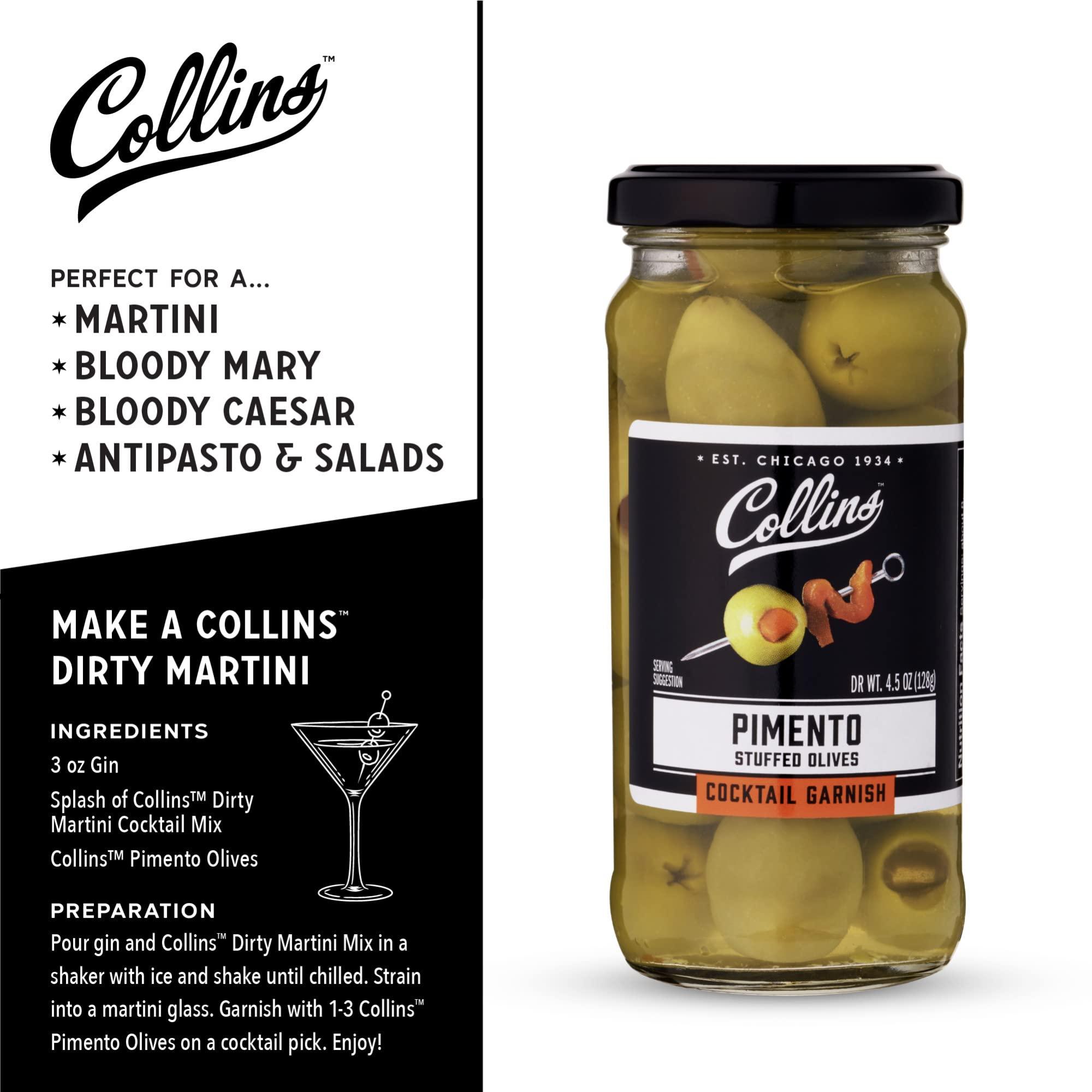 Collins Collins Pimento Stuffed Olives - Gourmet Cocktail Olives - Spanish Queen Olives with Pimento Pepper, Dirty Martini cocktail and Condiment Olives 4.5oz