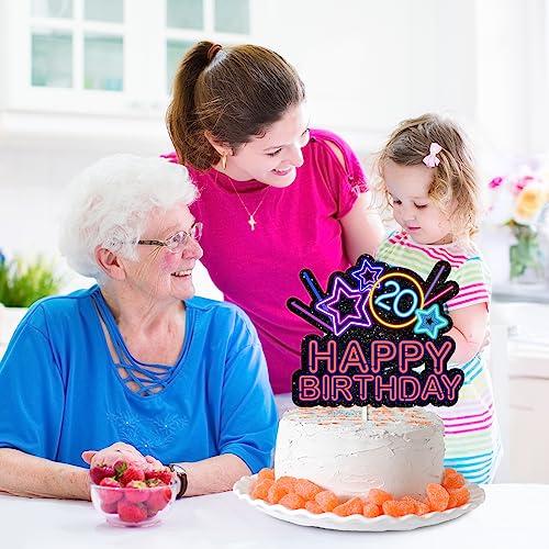 HEYUWING Colorful Glitter Star Happy Birthday 20 Cake Topper Lets Glow Crazy Party Theme Decoration Supplies Boys Girls Happy 20th Birthday Anniversary Party Decor Supplies