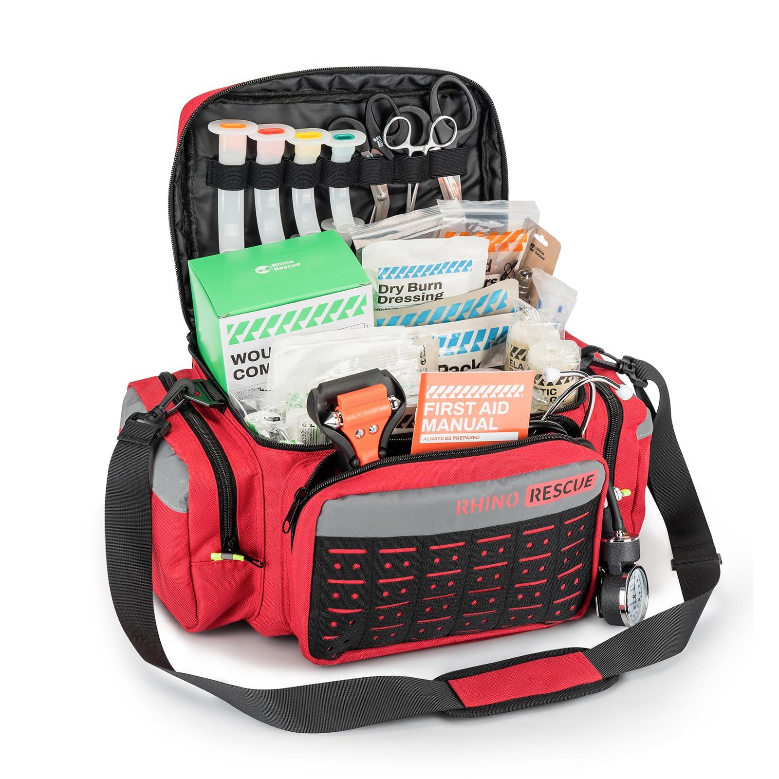 RHINO RESCUE RHINO RESCUE First Responder First Aid Kit Fully-Stocked EMT Bag, FSA HSA Eligible, Professional EMT/EMS Trauma Medical Kit, Molle System, Reflective Bag w/5 Zippered Pockets, 300+ First Aid Supplies