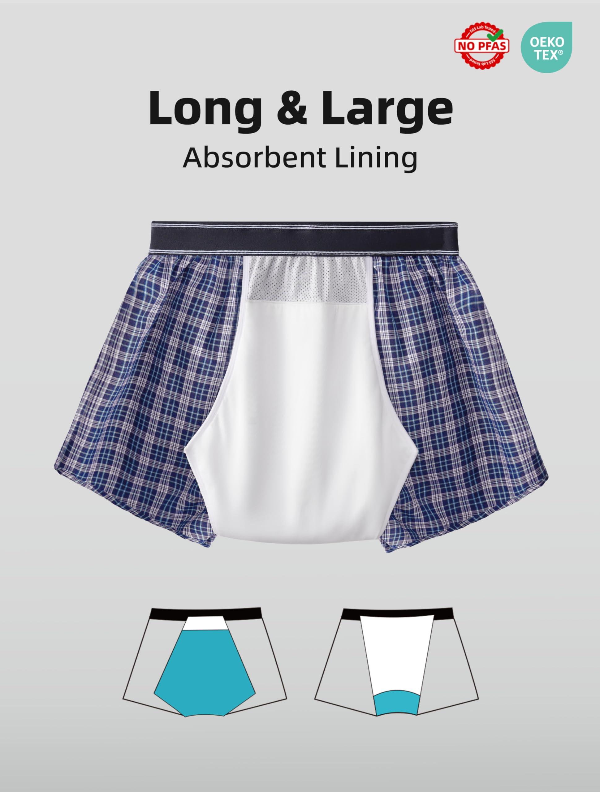 TIICHOO TIICHOO Incontinence Underwear for Men Washable Urinary Incontinence Boxer with Front Fly Regular Absorbency Mens Leak Proof Underwear 2 Pack(Medium, Blue Plaid)