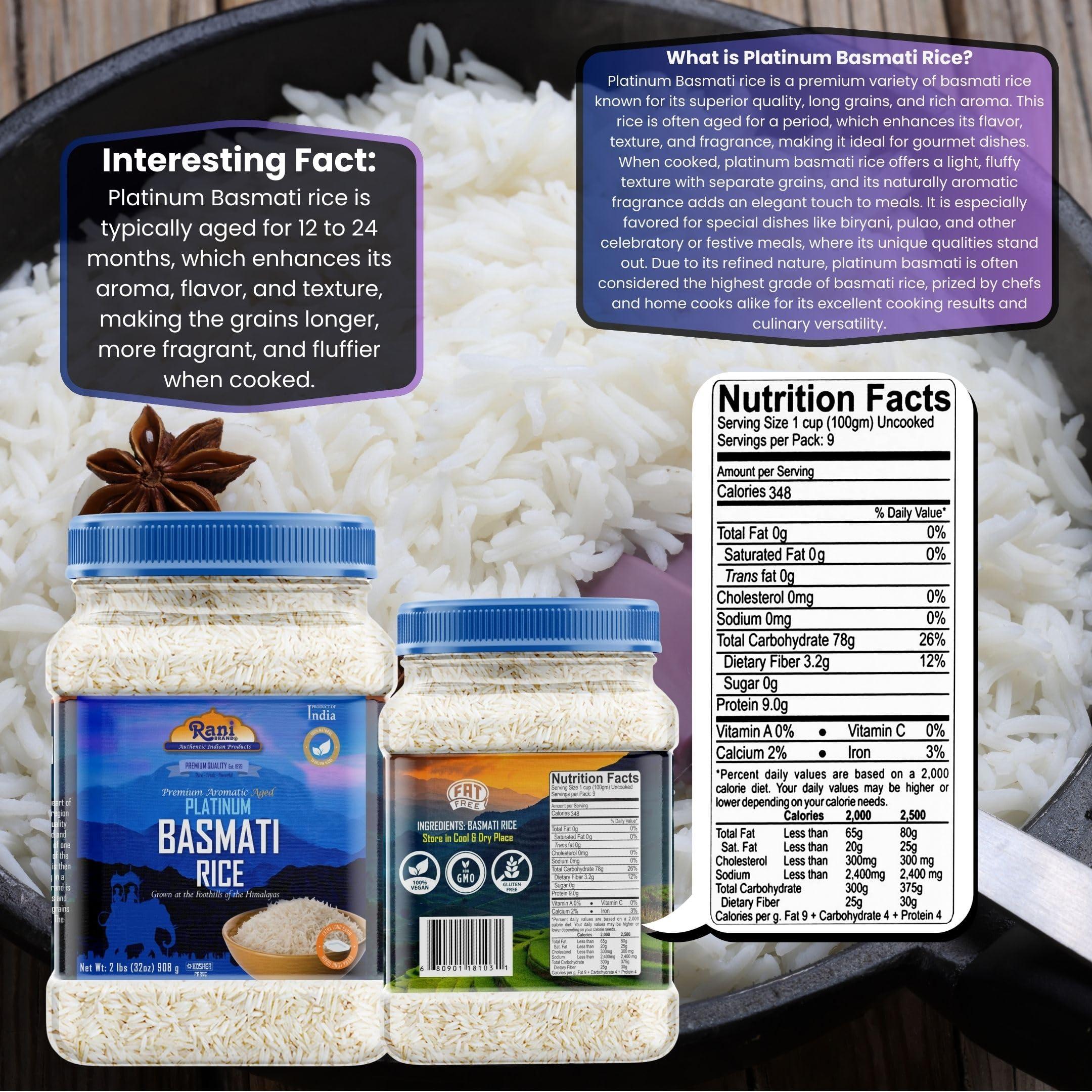 Rani Brand Authentic Indian Products Rani Platinum White Basmati Rice Extra Long Aged 32oz (2lbs) 908g PET Jar ~ All Natural | Gluten Friendly | Vegan | Indian Origin | Kosher | Export Quality