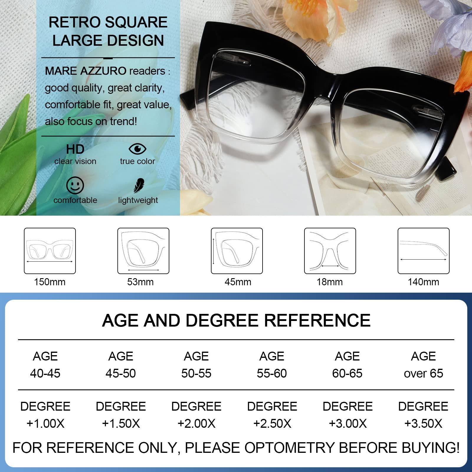 MARE AZZURO MARE AZZURO Oversized Reading Glasses Women Large Square Readers 1.00 1.25 1.50 1.75 2.00 2.25 2.50 2.75 3.00 3.50 4.00 5.00 6.00 (Black-clear, 1.0)