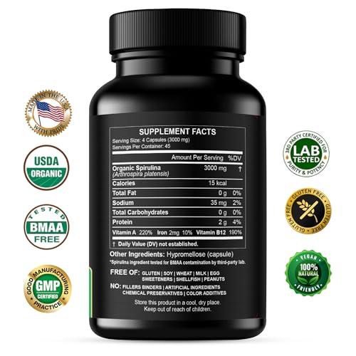HCL HERBAL CODE LABS Organic Spirulina Powder Capsules 3000 mg - Purest Non-Irradiated Blue Green Algae - Best Raw Vegan Protein - Green Superfood - Natural Multivitamins – 180 Pills Made in The USA