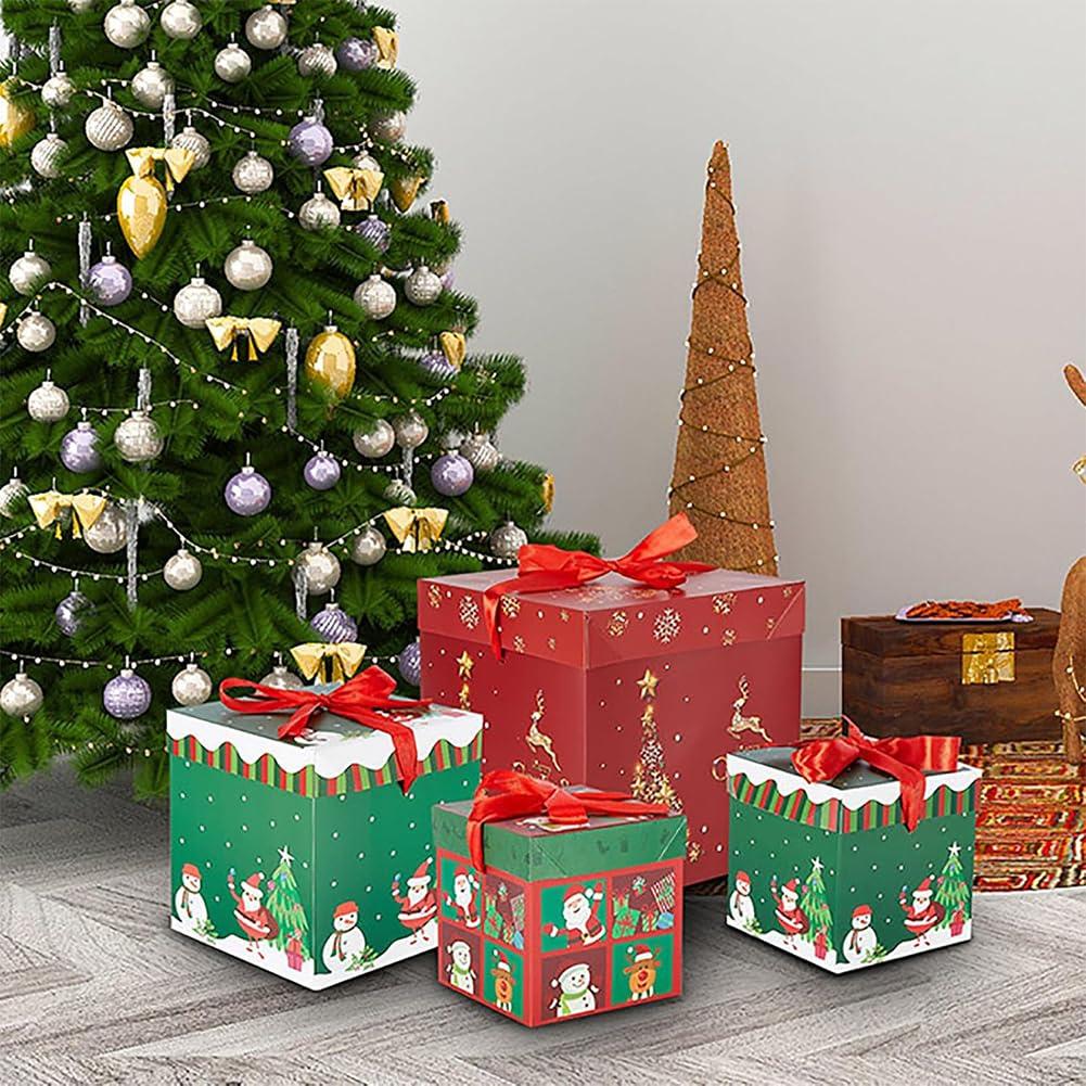 JOYWU JOYWU Christmas Stackable Gift Boxes Set with Lids and Red Rope,3 Pcs Xmas Nesting Box for Gift Wrapping,Square Santa Snowman Xmas Tree Stacking Small Gift Boxes,Christmas Decorative Boxes (Green)