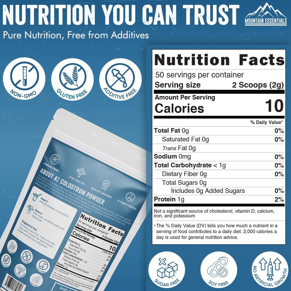 MOUNTAIN ESSENTIALS Freeze Dried A2 Colostrum Powder 3.5 Oz Bovine Grass Fed, Gluten Free, Non-GMO, Sugar Free with 1 Year Shelf Life 50 Servings | Dietary Supplement Immune Support, Gut Health, Muscle Recovery 1 Pack