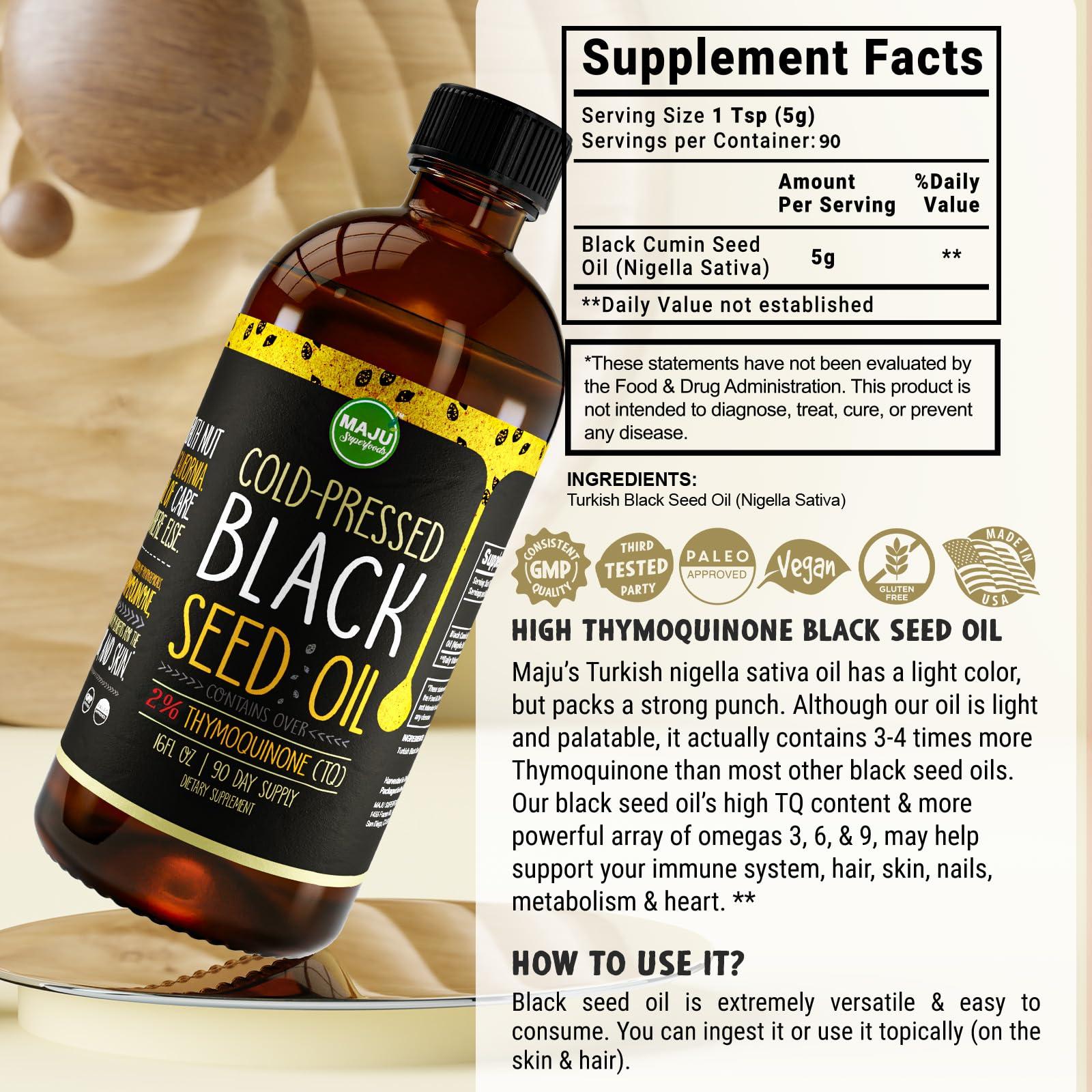 Maju Superfoods MAJU\'s Black Seed Oil 16oz: 3X Thymoquinone, Cold Pressed, 100% Turkish Black Cumin Nigella Sativa Seed Oil (Better Than Organic), Non-GMO, 100% Liquid Pure Blackseed Oil, Glass Bottle