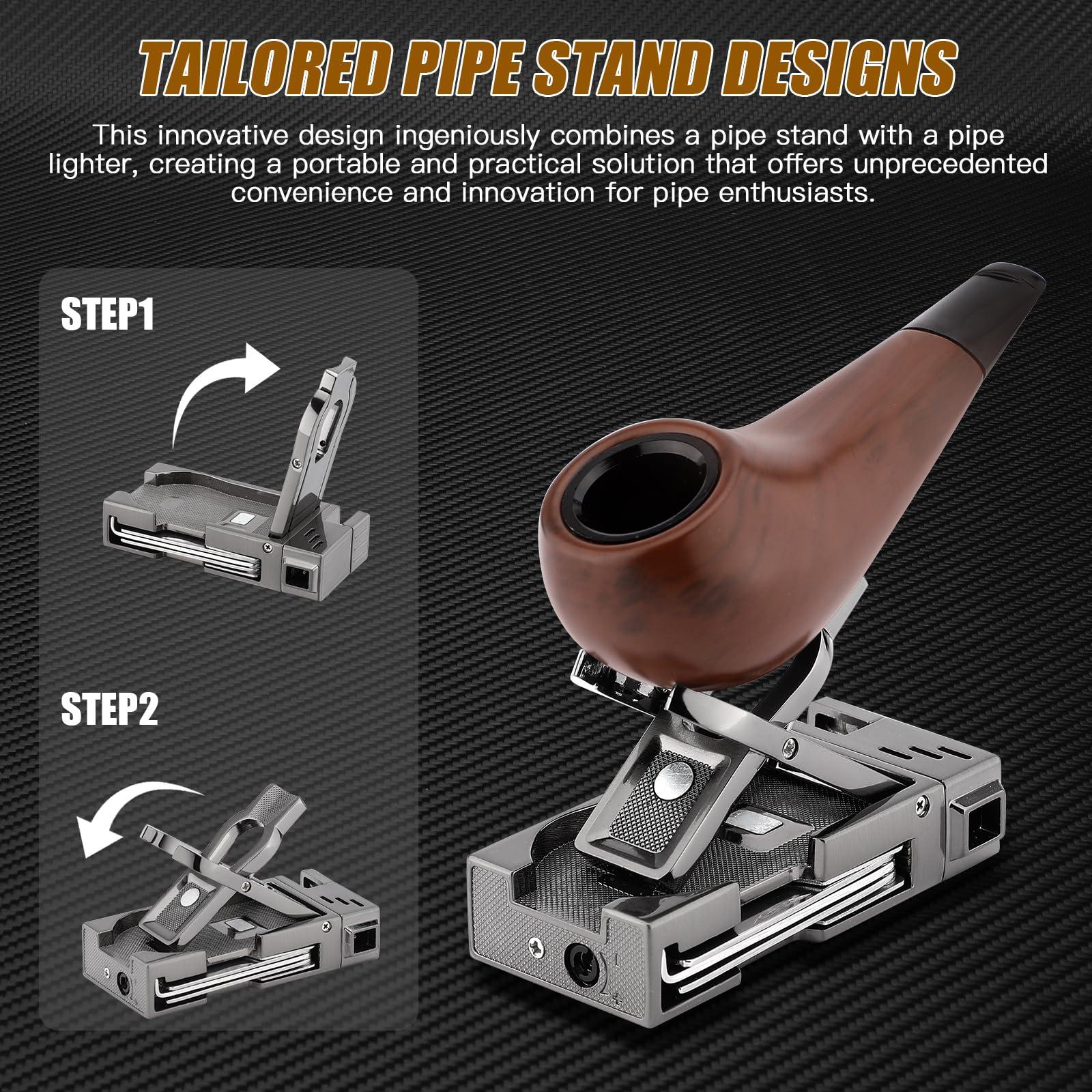 LIHTUN LIHTUN Pipe Lighter with Pipes Stand, Refillable Butane Lighters with Stainless Steels 3 Pipe Tools Cleaner, 5 in 1 Soft Flame Lighter, Portable Pipe Lighters for Outdoor Indoor with Gift Box