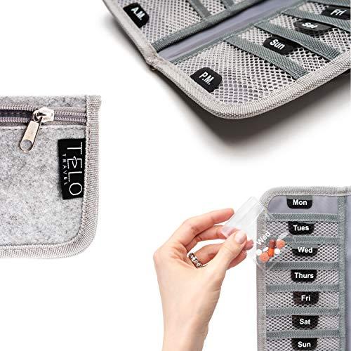 TeloTravel TeloTravel AM/PM Bi-Folding Pill Organizer + Supplement Case for OTC Medicine, Prescription + Vitamins - 14 Labeled Monday-Sunday Pouches, Grey Travel Pill Case