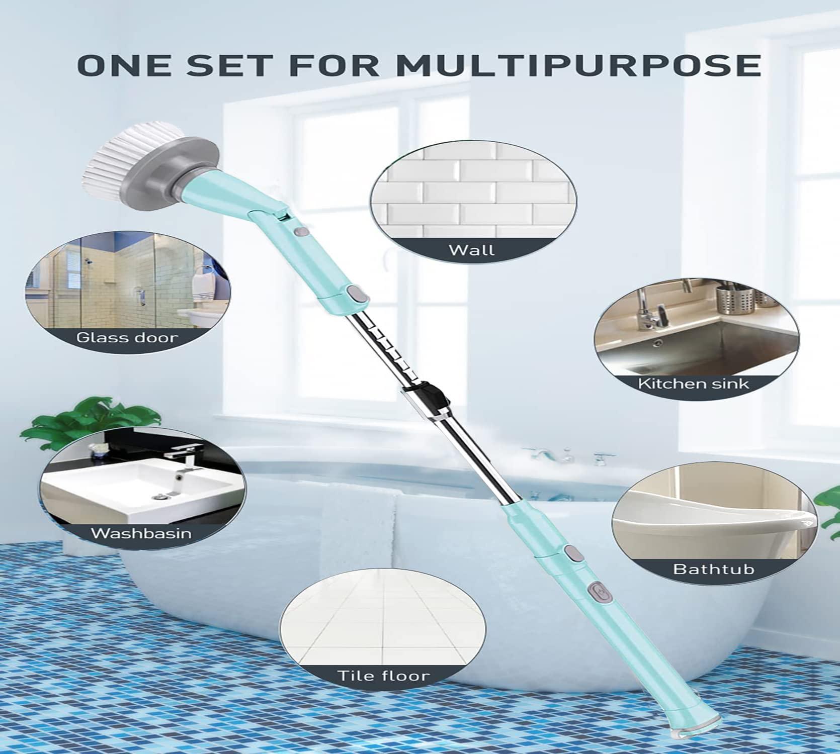 Purisoul Electric Spin Scrubber,360 Power Scrubber with Long Extendable Handle and Cordless,Shower Scrubber for Cleaning,Tub and Tile Kitchen Scrubber Equipped with 4 Multi-Purpose Cleaning Brush Heads(Blue)