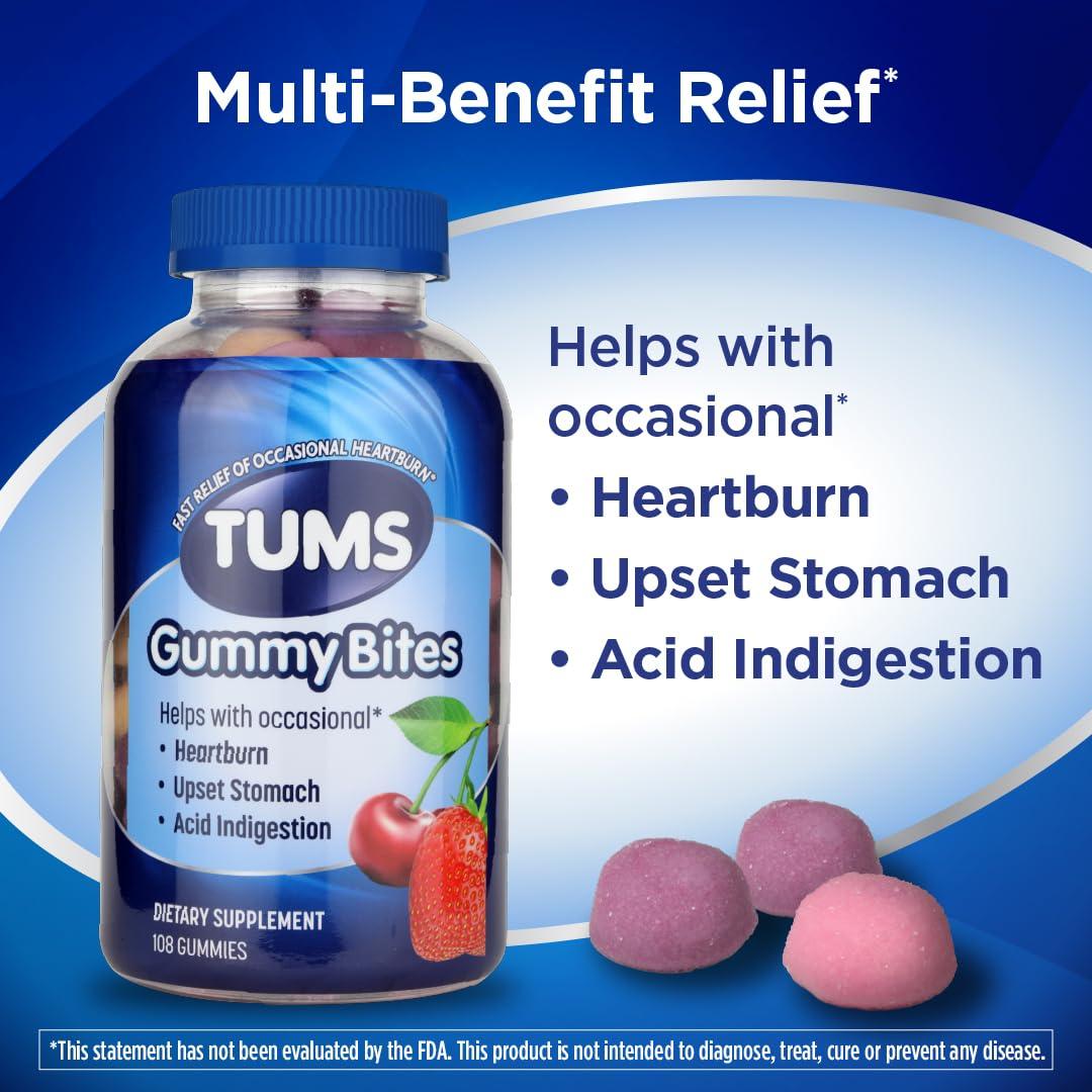 TUMS TUMS Gummy Bites Dietary Supplement for Occasional Heartburn Relief, Upset Stomach and Acid Indigestion, Great for a Summer BBQ - Cherry Berry Burst - 108 Count