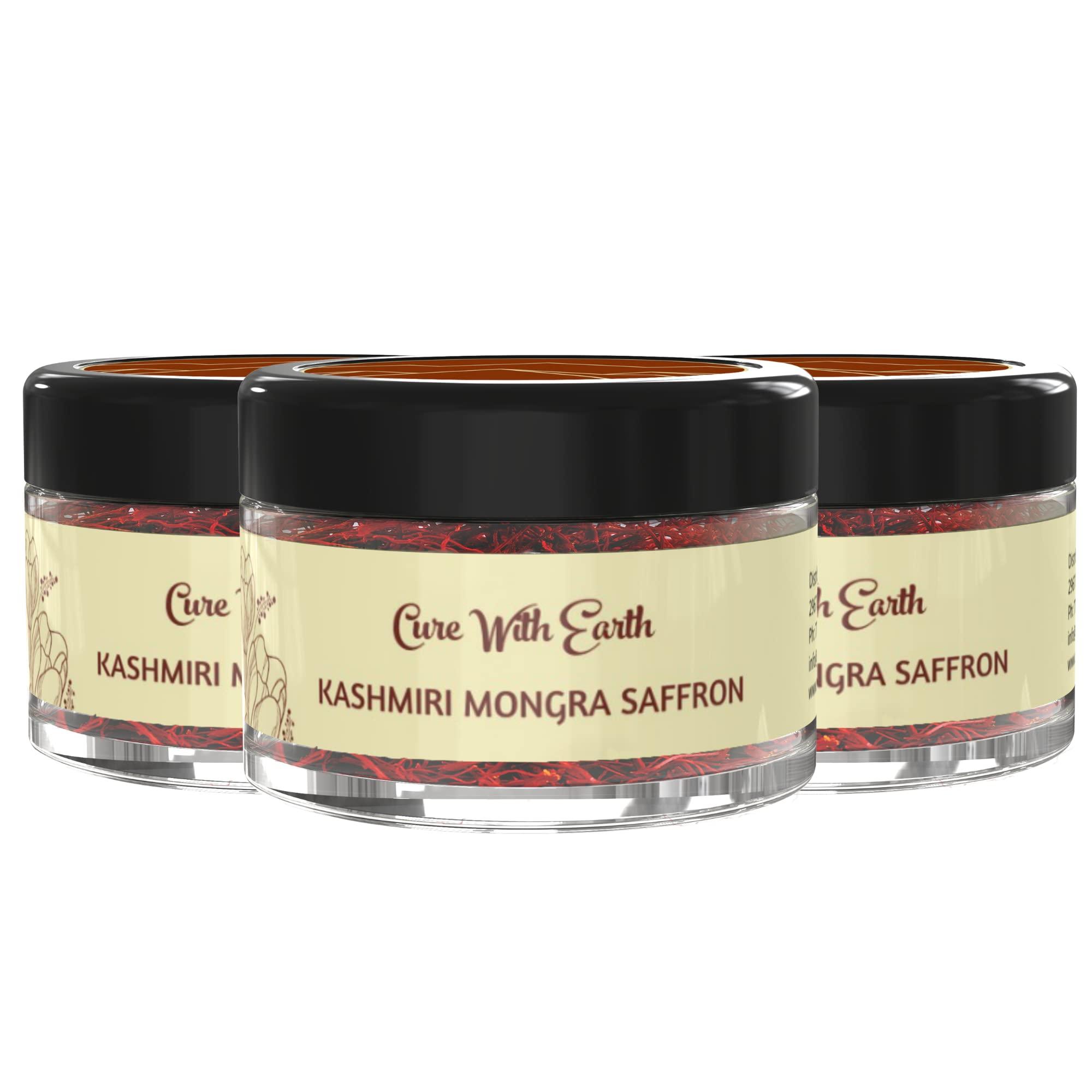 Cure With Earth Pure Kashmiri Mongra Saffron / Kesar / Keshar PACK OF 3 (1g each) | From the finest farmlands of Pampore, J&K, India | Tested and certified as Grade A