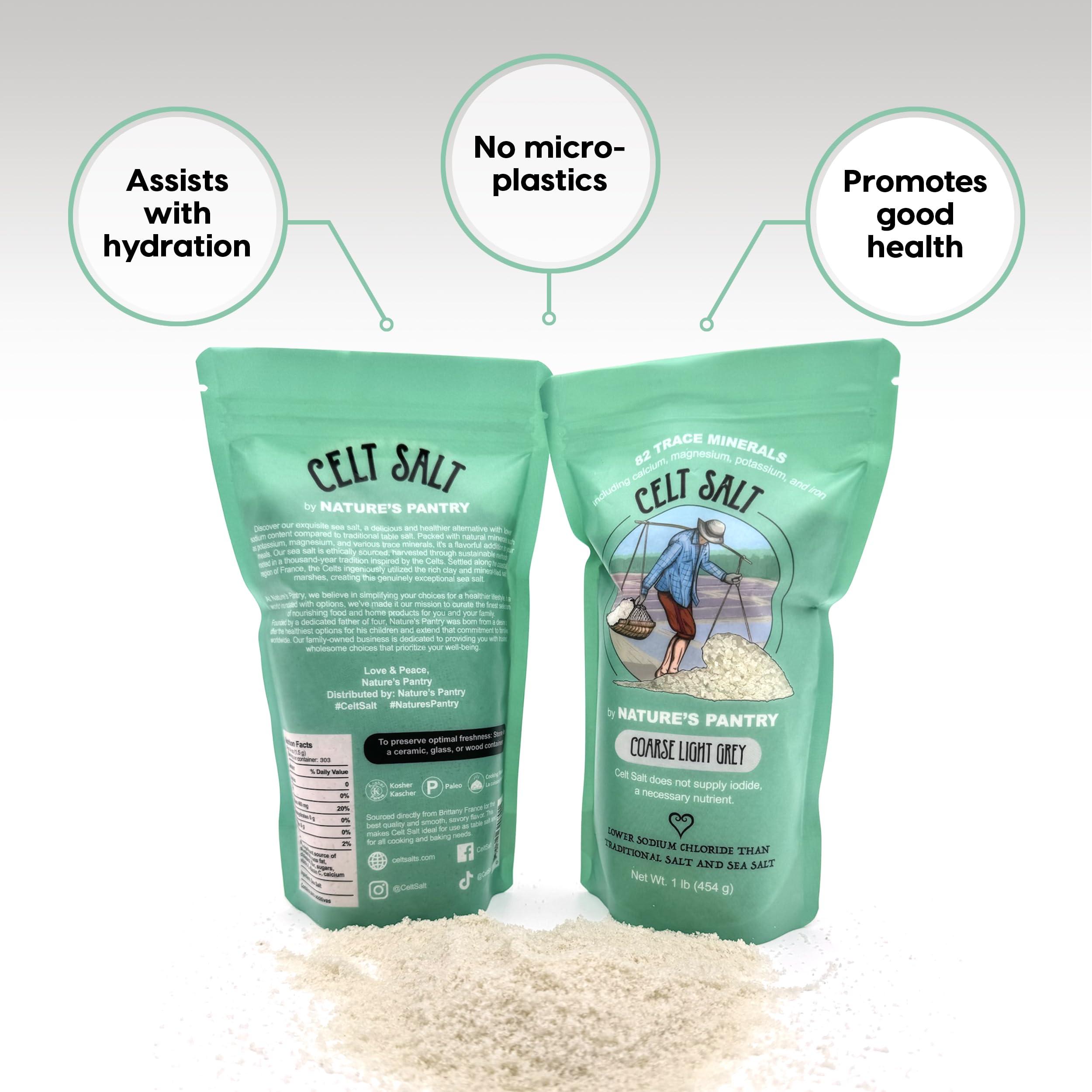 Celt Salt by Nature\'s Pantry Celtic Salt Light Grey Coarse, Celt Salt By Natures Pantry, 82+ Minerals, non-GMO, Organic & Unrefined, Gluten-Free, Authentic, Sal, Hand Harvested, Cooking, Baking, Pickling, Electrolytes, Healthy Seasoning,1 lb (16oz) Bag