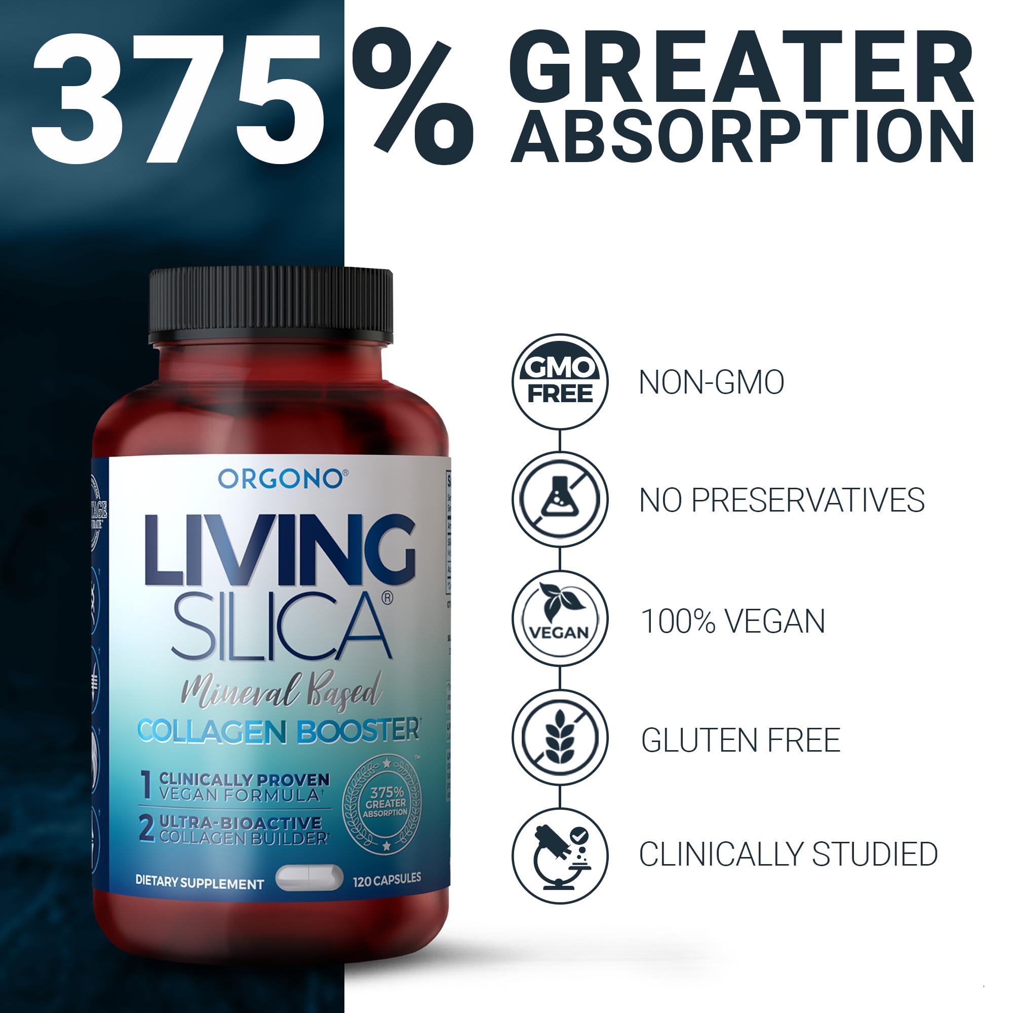Orgono Living Silica Living Silica Collagen Booster Capsules | Ultra High Absorption | Supports Healthy Collagen and Elastin Production for Joint & Bone Support, Glowing Skin, Strong Hair & Nails (120 Count)