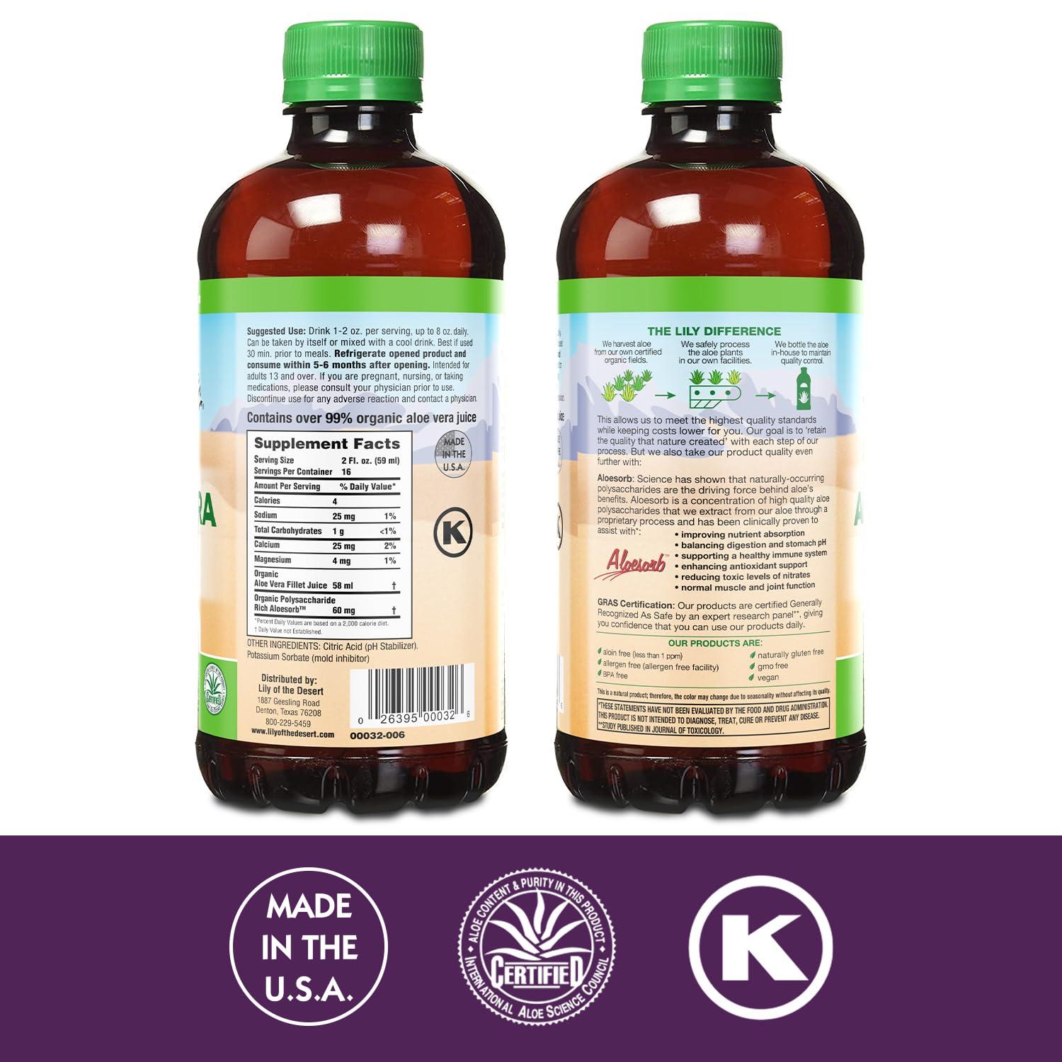 Lily Of The Desert Lily Of The Desert Aloe Vera Juice - Inner Fillet Aloe Vera Drink, Organic Aloe Juice with Natural Vitamins, Digestive Enzymes for Gut Health, Stomach Relief, Wellness, Glowing Skin, 32 Fl Oz