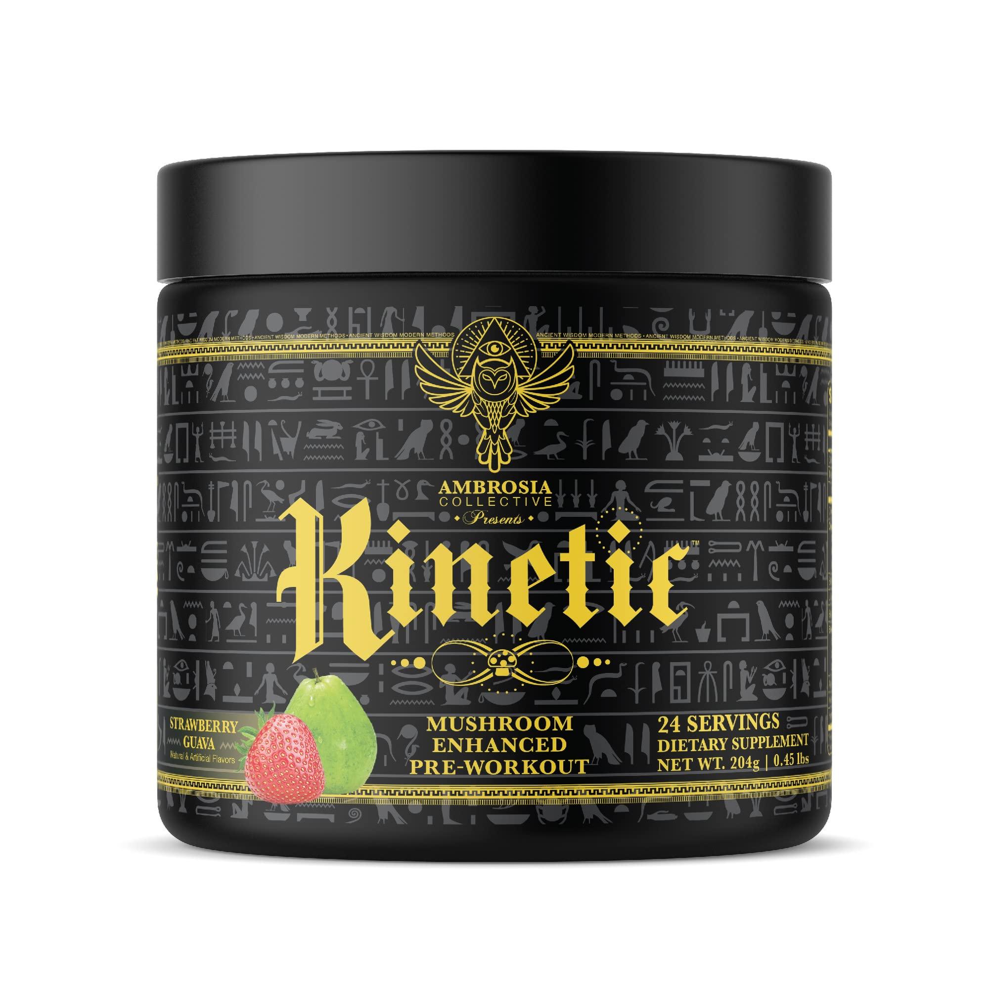 Ambrosia Ambrosia Kinetic Organic Preworkout, Mushroom Enhanced Natural Pre Workout Supplement, Nootropic Superfood Powder for Energy (Strawberry Guava)
