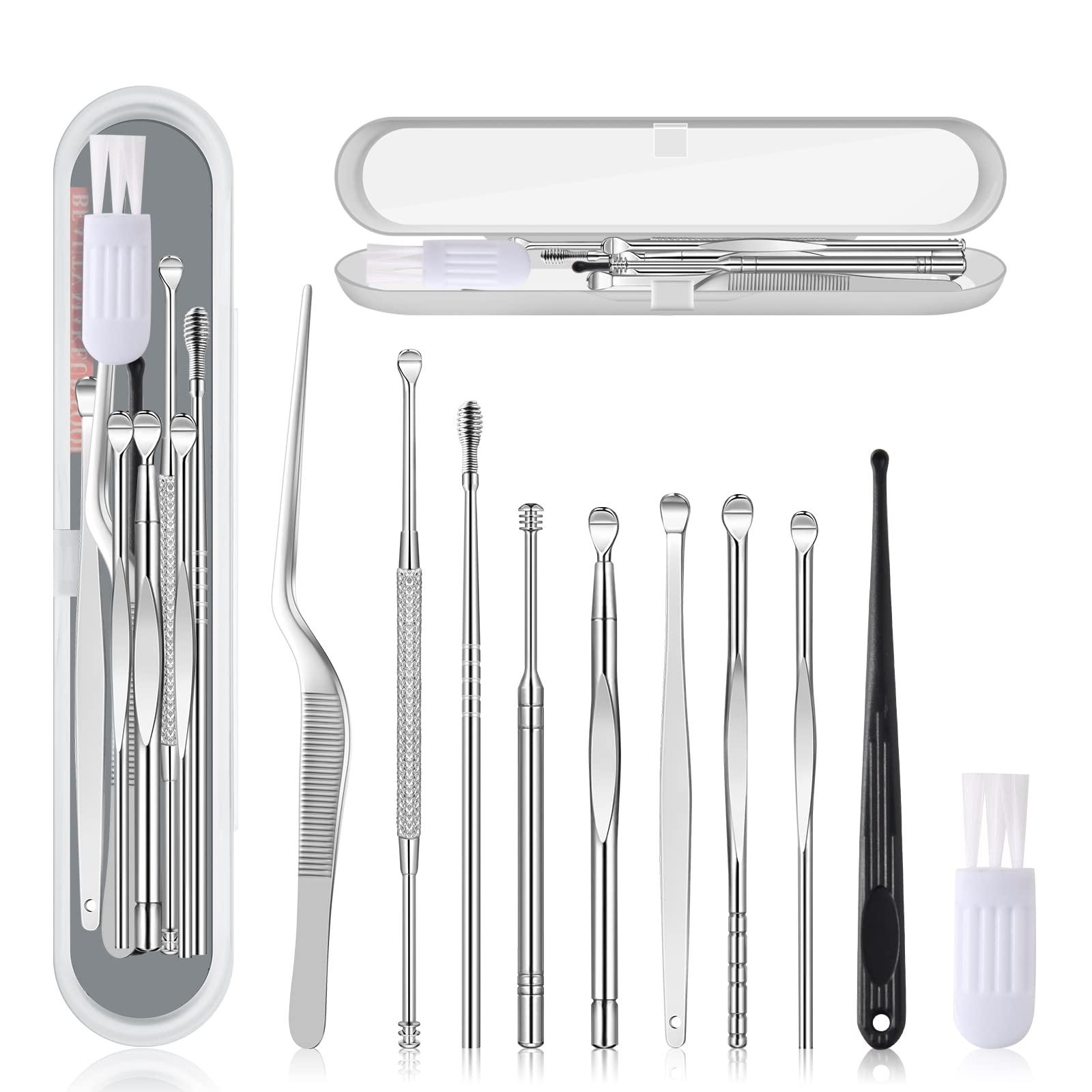 Ear Pick -01 Ear Pick Ear Wax Removal Kit, Ear Cleansing Set, Earwax Remover Tool, Ear Curette Ear Wax Remover Tools with a Cleaning Brush and Storage Box, Medical Grade, for Ear Adult and Kid, Silver, 10 Pcs