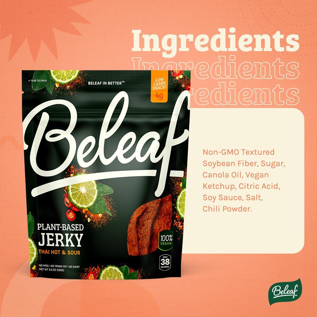 BE LEAF Beleaf Thai Hot & Sour Plant-Based Jerky: High-Protein Snack Healthy and Flavorful Vegan Jerky for On-the-Go Energy Tasty Meatless, Vegetarian Meat Alternative (1 Pack)