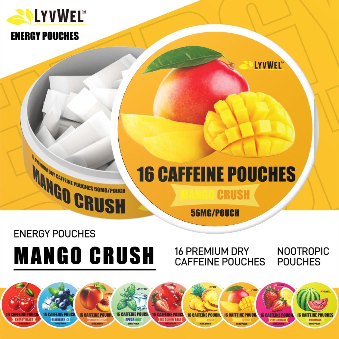 LyvWel LyvWel 56mg Caffeine Energy Pouches Mango Crush Clean Energy & Focus Boost with Guarana 5-Pack with 16 Pouches Per Can (80 Total Pouches)