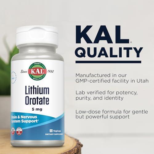 KAL KAL Lithium Orotate 5mg | Low Serving of Chelated Lithium Orotate for Bioavailability & Mood Support | in Organic Rice Bran Extract Base | 60 VegCaps