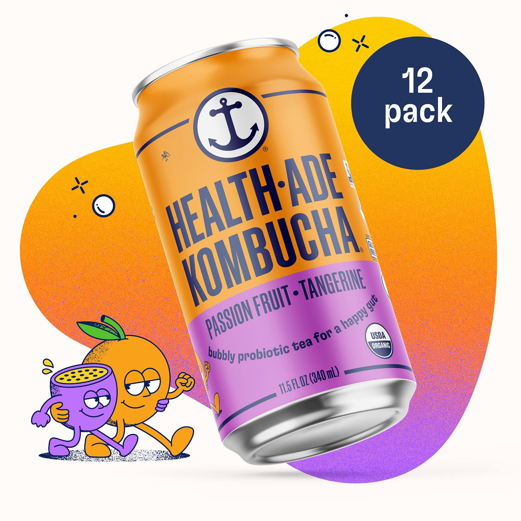 Health-Ade Health-Ade Passion Fruit-Tangerine Kombucha, Organic Drink, 12-Pack (11.5 Fl Oz Cans) Fermented Tea with Probiotics, Non-GMO, Vegan, Gluten-Free