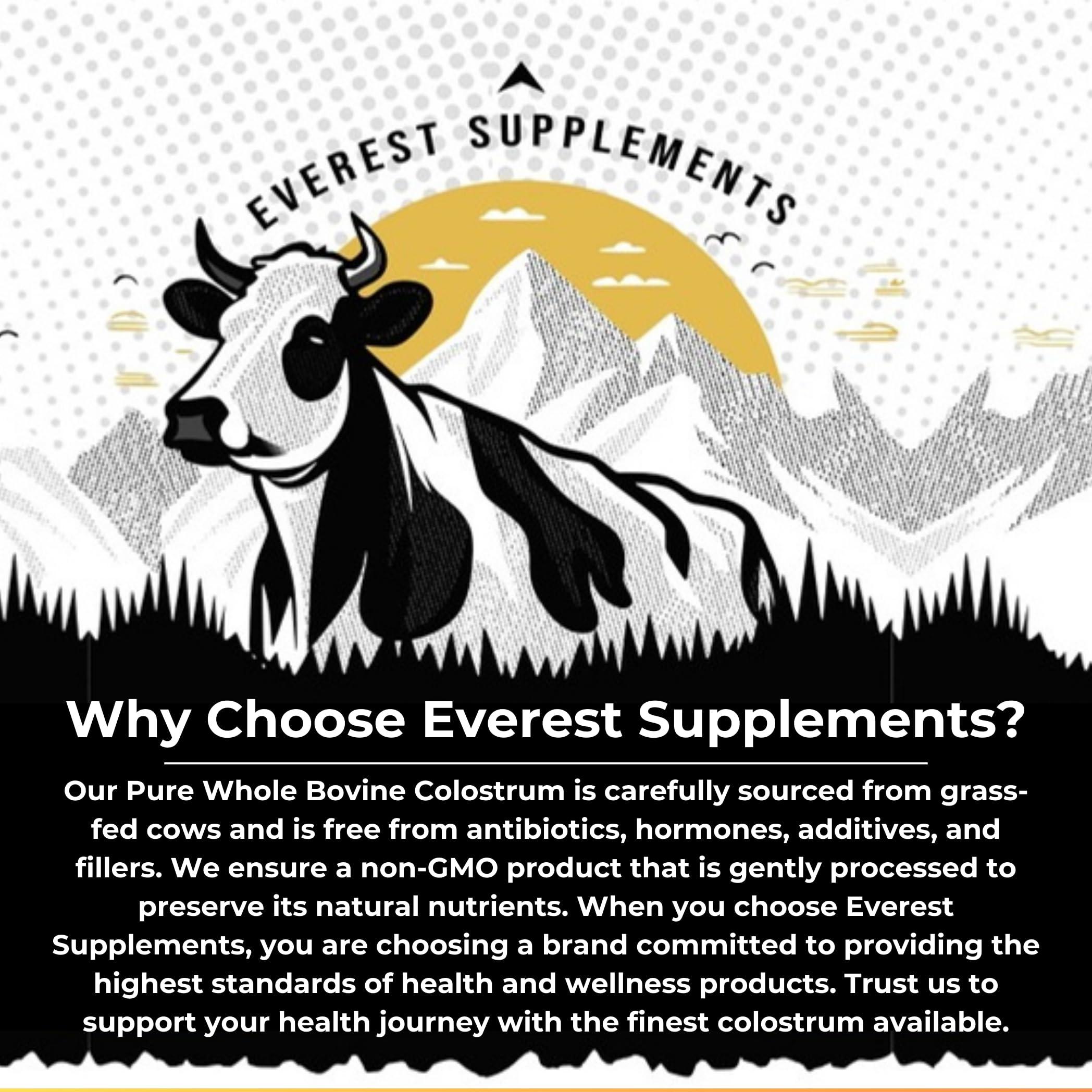Everest Supplements Organic Colostrum Powder for Gut Health - 40% IgG, 100% Pure Grass Fed Powder for Hair Growth, Beauty, and Immune, Easy to Mix, High Concentration, Unflavored (60 Servings)