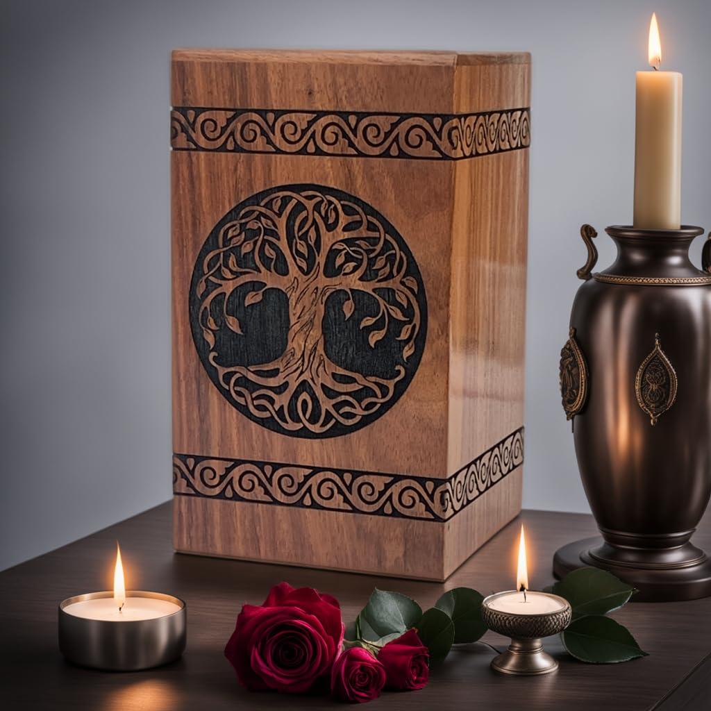 Prime Art Prime Art Wooden Urns for Human Ashes Tree of Life Urns Cremation Urns for Adult Ashes Funeral Urns Wooden Pet Urn Wooden Urn Box (Tree of Life Black, (Small - 8\" Hx4.75 W (115 Cu/in))