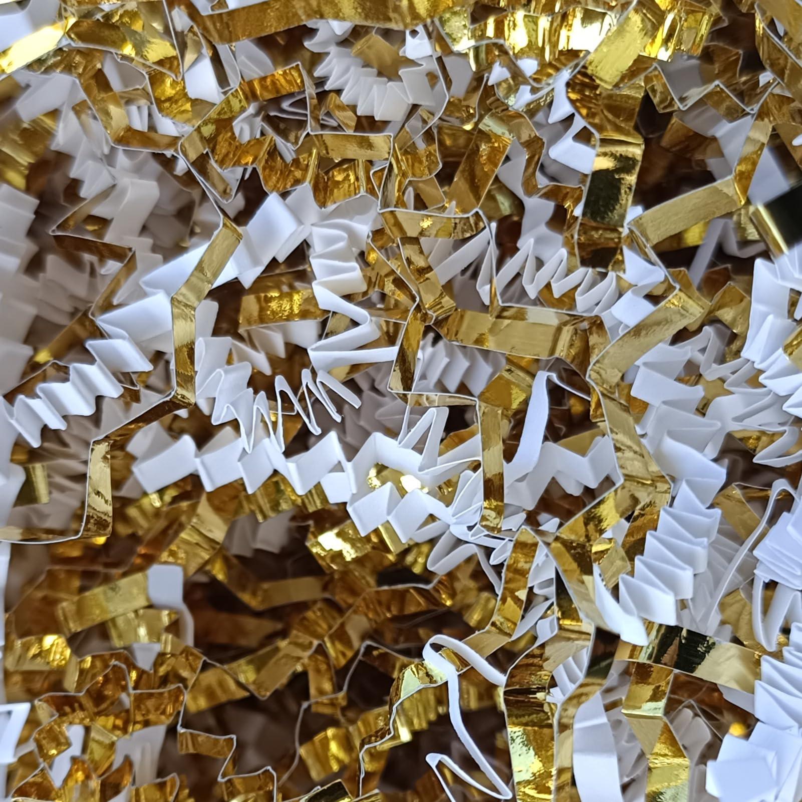 MGOHNACL 4OZ Crinkle Cut Paper Shredded Paper for Gift Box Baskets Filler, White and Gold Crinkle Cut Paper Shred Filler Confetti for Packaging