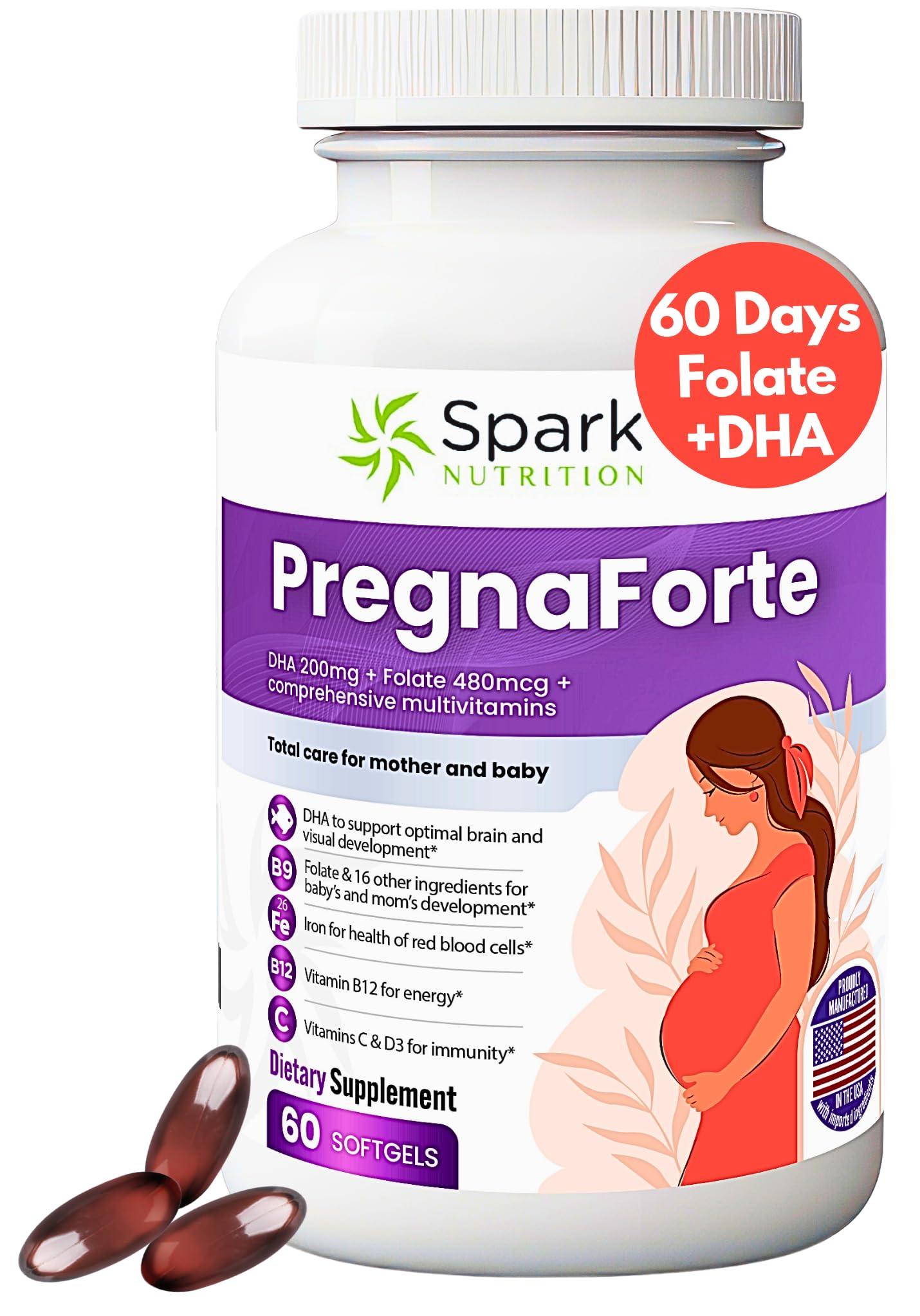 Spark Nutrition Pregnaforte 1 a day Prenatal vitamins for women 2 month: Folic acid, Fish Oil Omega 3 DHA/EPA, Vitamin D3, B6, Vitmain B12, C, E, Calcium, Iron, Magnesium, Zinc supplement FSA HSA eligble multivitamin