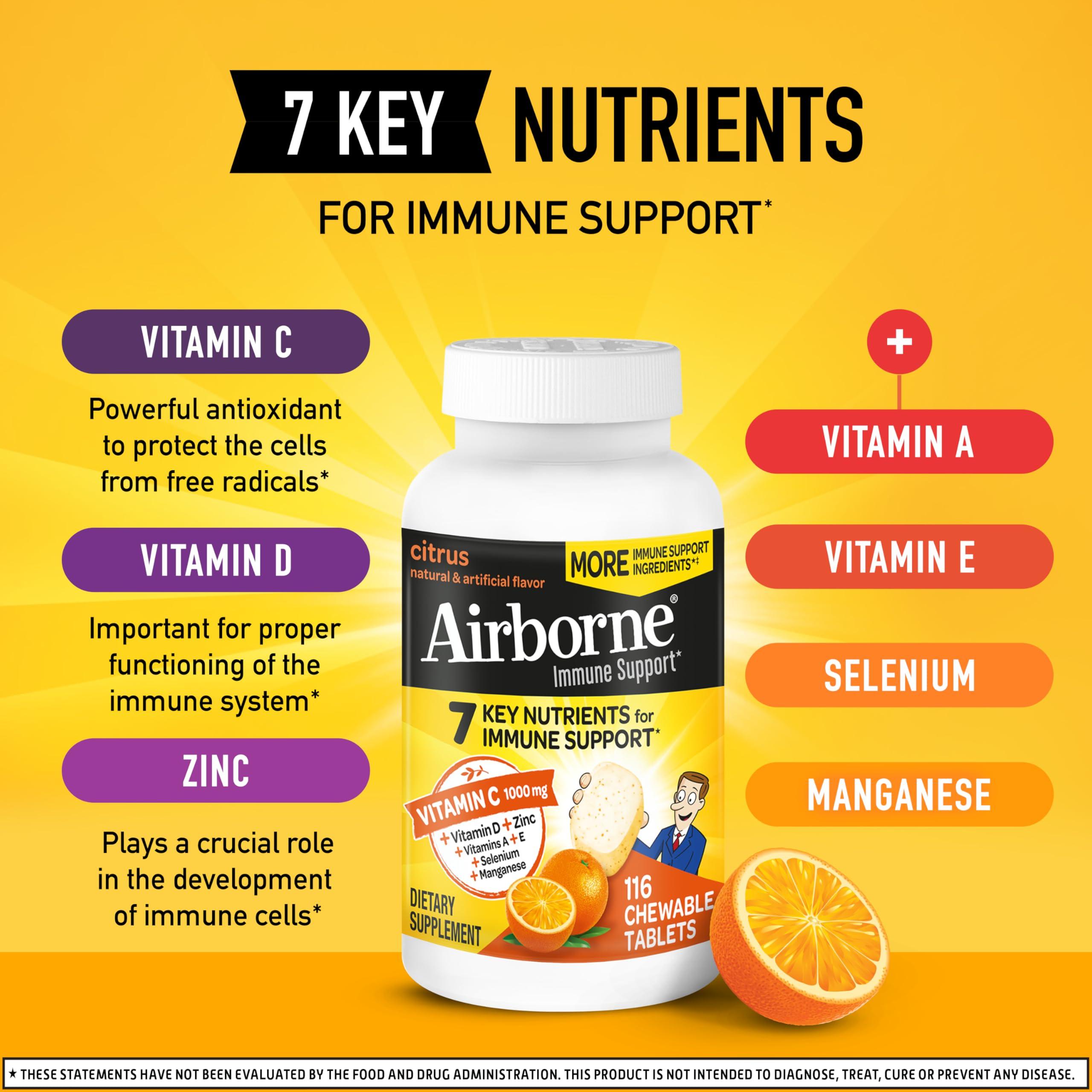 Airborne Airborne 1000mg Vitamin C Chewable Tablets with Zinc, Immune Support Supplement with Powerful Antioxidants Vitamins A C & E - (116 count bottle), Citrus Flavor, Gluten-Free