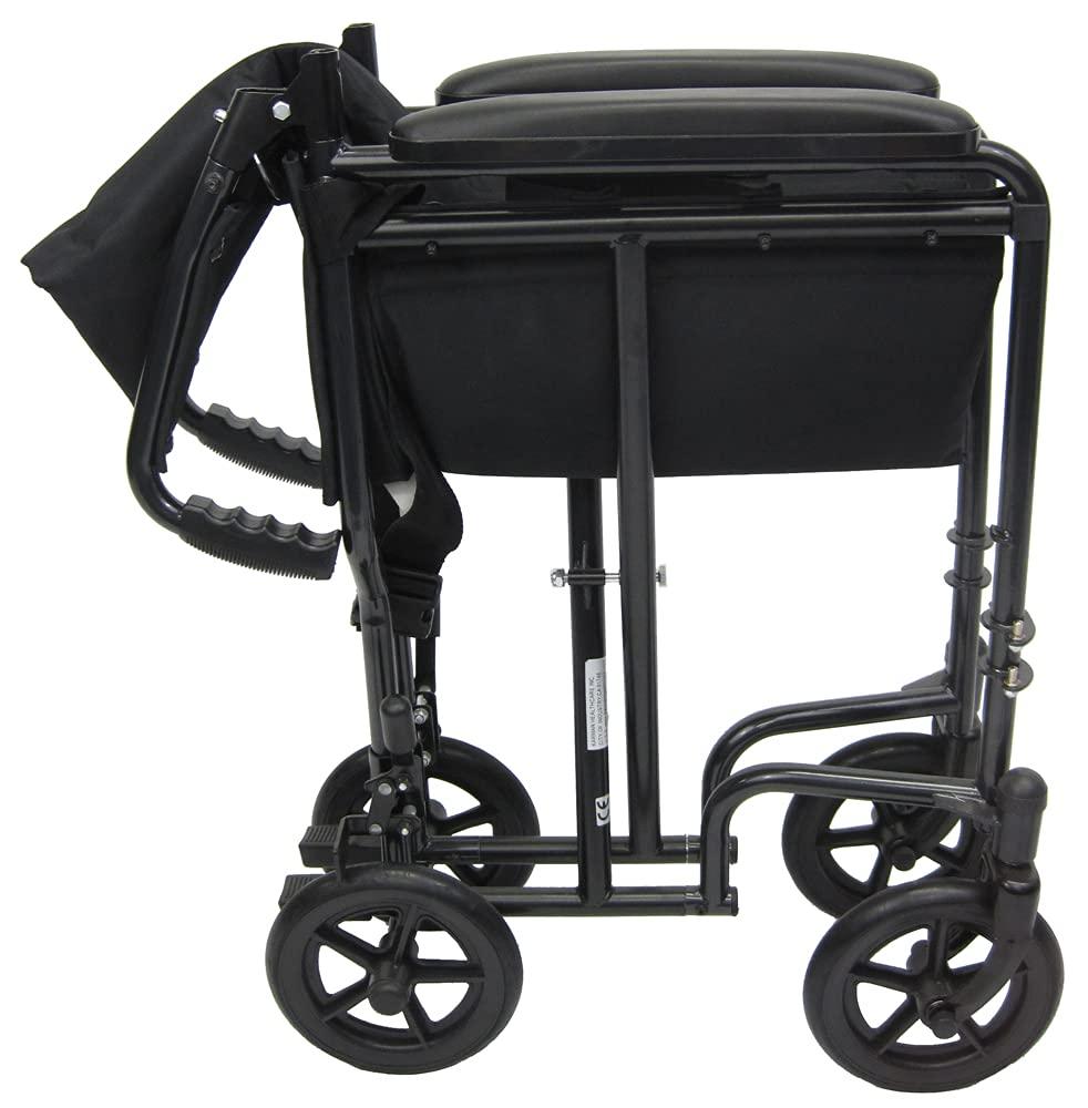Karman Healthcare Karman Steel Ultra Lightweight Transport Wheelchair with Fixed Full Arms, Black Frame, 19 Pound