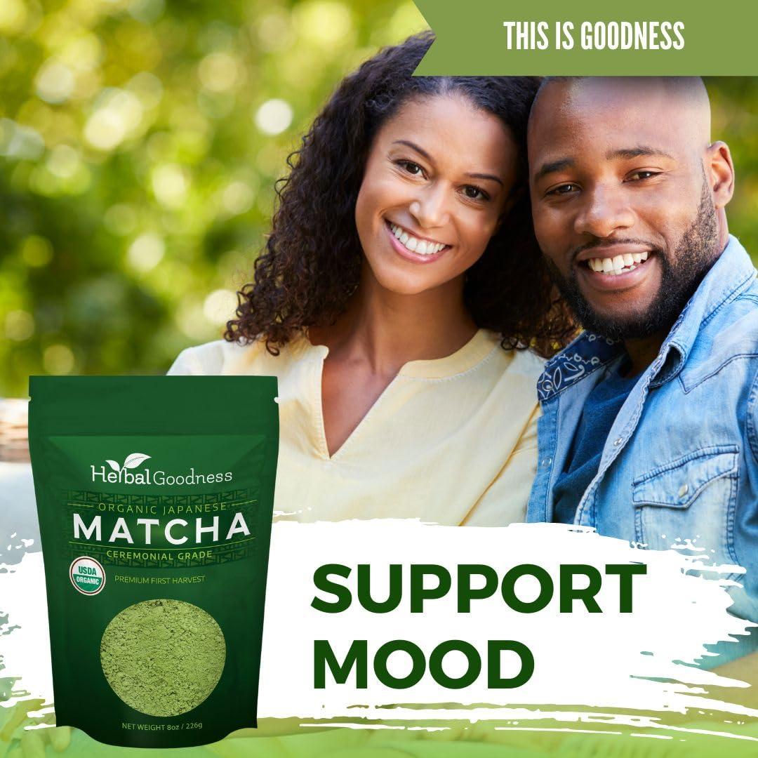 Herbal Goodness Matcha Organic Green Tea Powder - Japanese Ceremonial Grade Matcha Powder, Premium First Harvest, Matcha Tea for Health & Vitality, Non-GMO, USDA Organic Macha - 8oz/224g - Herbal Goodness