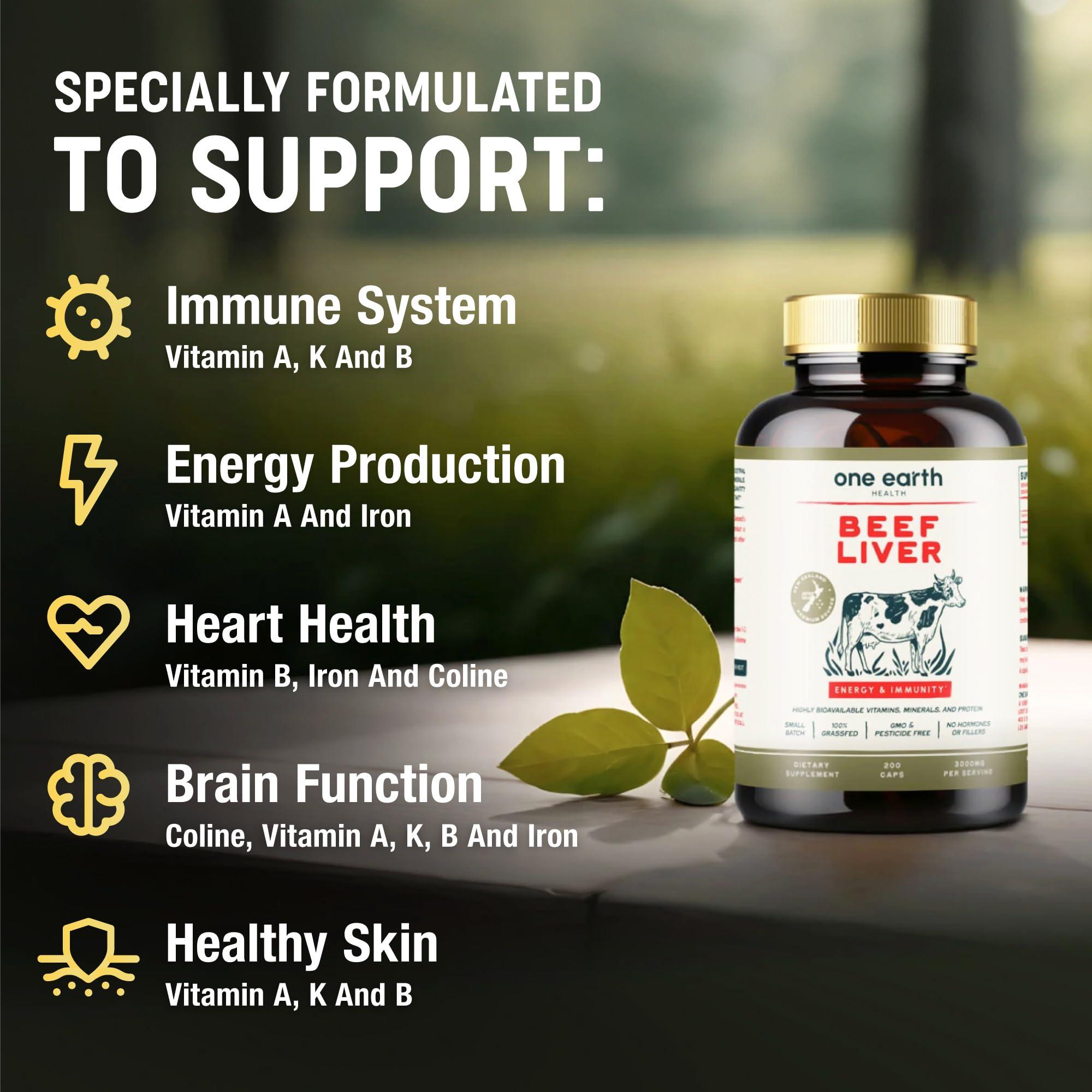 One Earth Health One Earth Health Beef Liver Capsules. 100% Grass Fed New Zealand Beef Liver. Pasture Raised. GMO and Filler Free. 200 Capsules (3,000mg Serving)