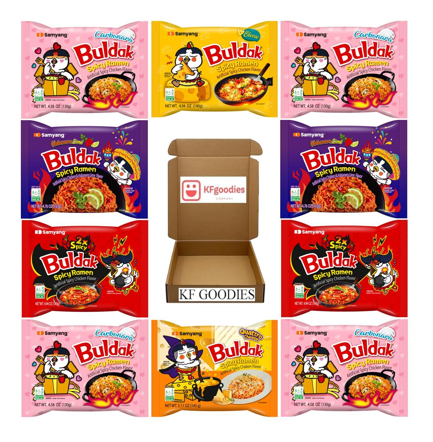 KF GOODIES Samyang Buldak Hot Spicy Chicken Ramen Noodle Korean Stir-Fried Ramen (10, 2 2X Spicy, 2 Carbonara, 2 Habanero Lime, 2 Jjajjang, 2 Stew))
