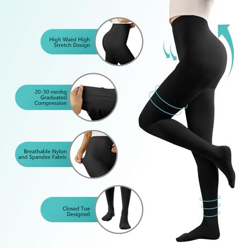 Laubawck Compression Pantyhose Stockings for Women Men, 20-30 mmHg Medical Graduated Support Opaque Closed Toe Hose Tights for Swelling, Edema Varicose Veins Waist High Compression Stockings