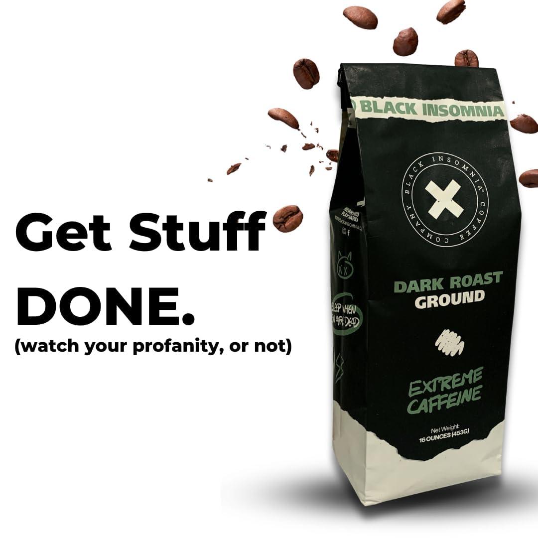 BLACK INSOMNIA COFFEE COMPANY X Black Insomnia Ground Coffee - The Strongest Coffee in the World - 1lb (Dark Roast, 1 Pound)