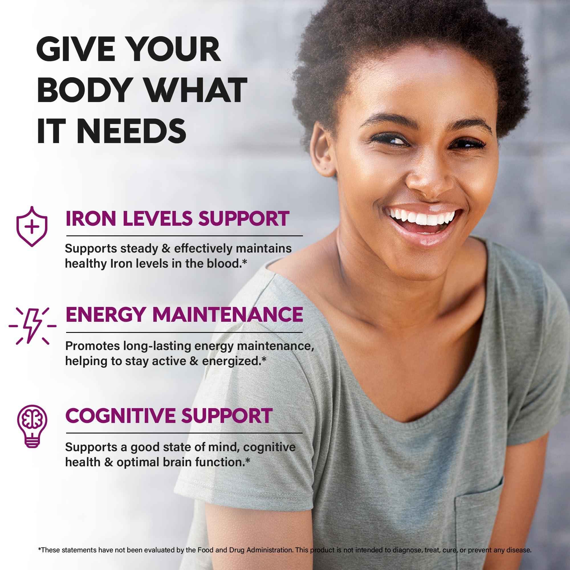 NUTRAHARMONY Iron Supplement for Women - Iron 65mg (Ferrous Sulfate 325mg) - Stomach Friendly | Slow Release Iron | High Absorption - Vitamins C, D3, B6, B12 & Folate - Iron Level & Energy Support - 60 Capsules