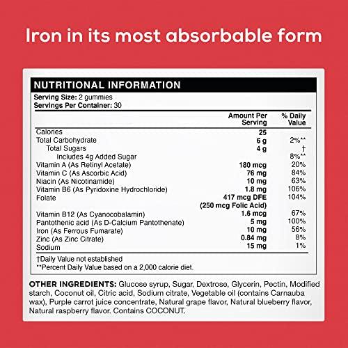 nothing BUT nutrition Natural Iron Supplement for Women and Men with a Delicious Mixed Berry Flavor - Chewable Vegan Iron Supplements w/ Vitamin C, Zinc, Folic Acid & B Vitamins - 60 Iron Gummies for Anemia