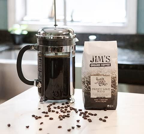 Jim's Organic Coffee Jim’s Organic Coffee – Sweet Love Blend – Whole Bean, Dark Roast, Bold 11 oz Bag