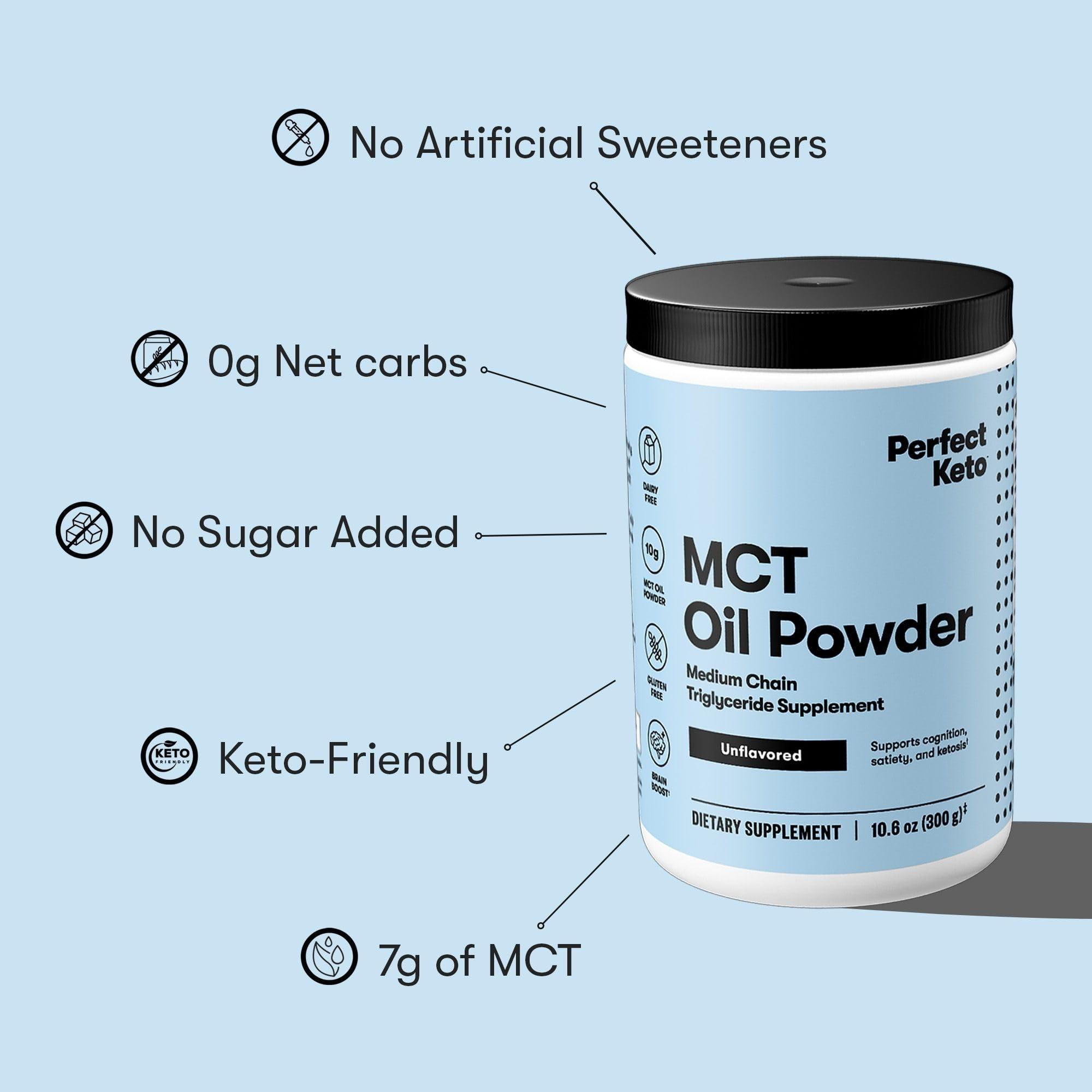 Perfect Keto Perfect Keto 7g MCT Oil Powder, Medium Chain Triglycerides Supplement, Non Dairy Coffee Creamer for Keto Diet, Ketogenic MCT Oil Mix for Coffee, Smoothie, Protein Shakes, Tea, Unflavored, 30 Servings