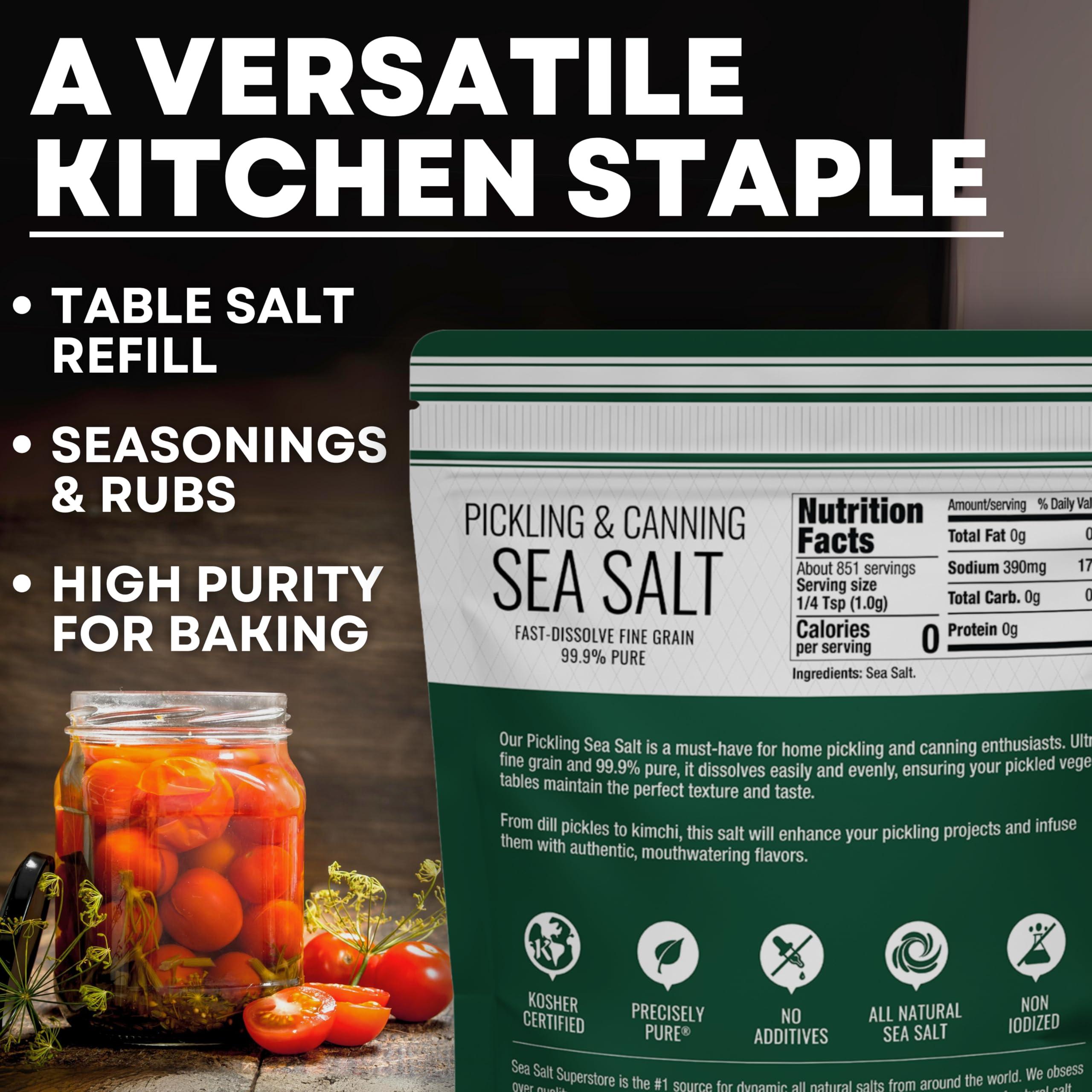 Sea Salt Superstore Pickling & Canning Salt, Pickling Salt & Curing Salt for Natural Preserving, Fine Sea Salt & Kosher Salt for Brining, Non-Iodized Salt, 30 oz Bag, Sea Salt Superstore