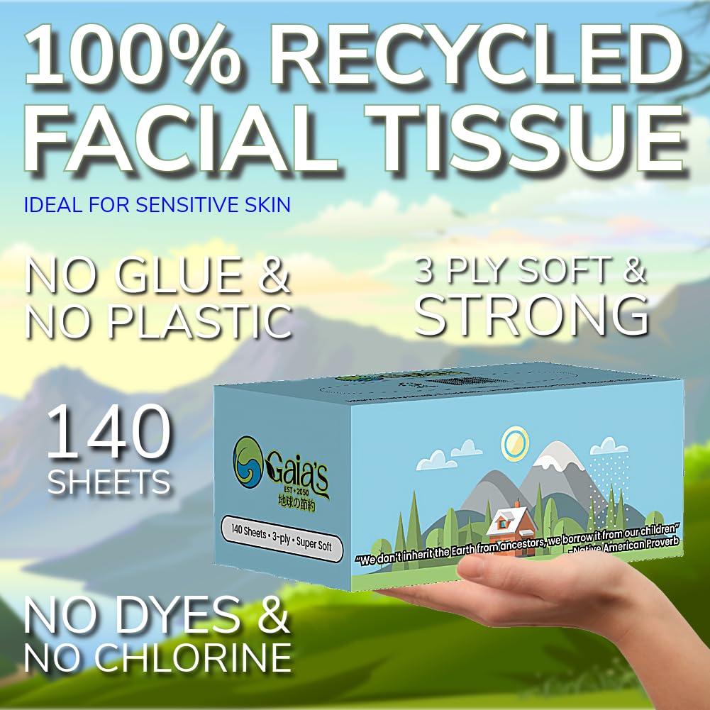 GAIA\'S Gaias Premium 3 Ply Facial Tissues, Strong and Soft, 140 Sheets (1680 Sheets - 12 Pack) Made From Recycled Paper, Zero Plastic Packaging, Eco-Friendly, Sustainable, Non-Lotion Bulk Pack