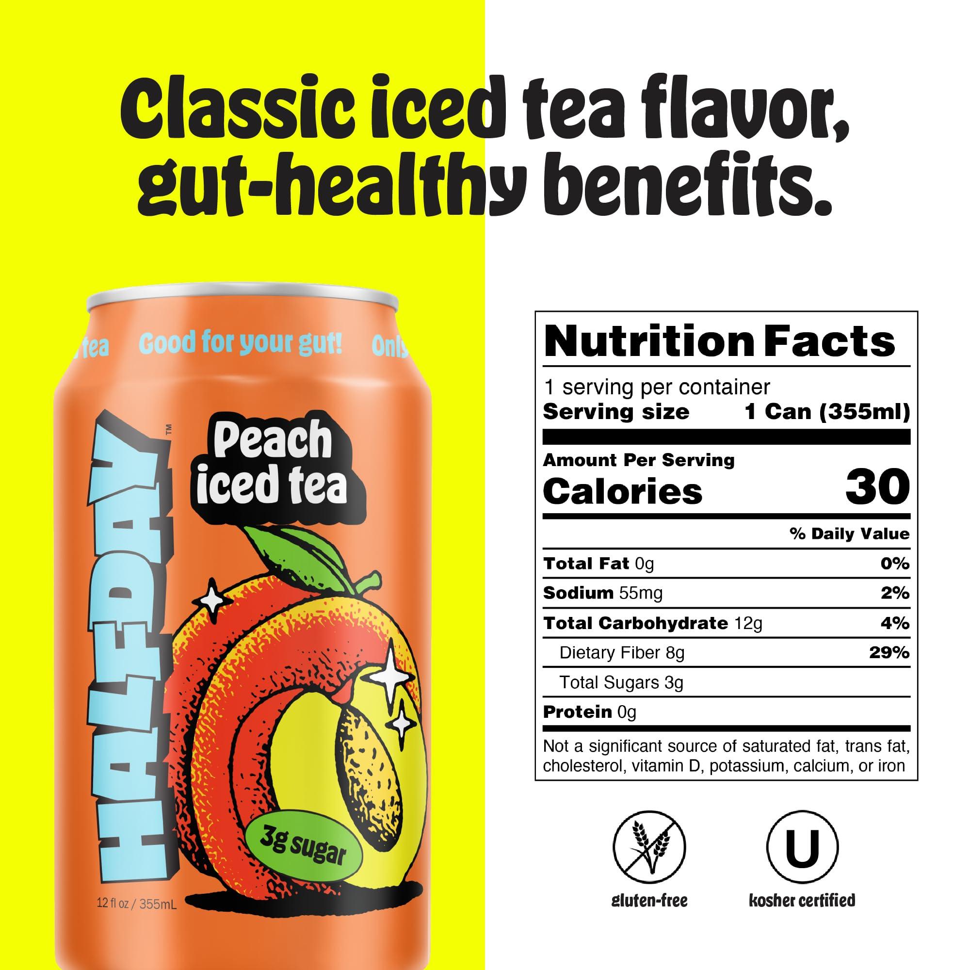 Halfday HALFDAY Prebiotic Peach Iced Tea Cans, Supports Digestive & Gut Health, 8g Plant Fiber & Prebiotics, Low Sugar, 30 Calories, Organic Tea, Natural Caffiene, Gluten Free, Keto, 12 fl oz (12 pack)