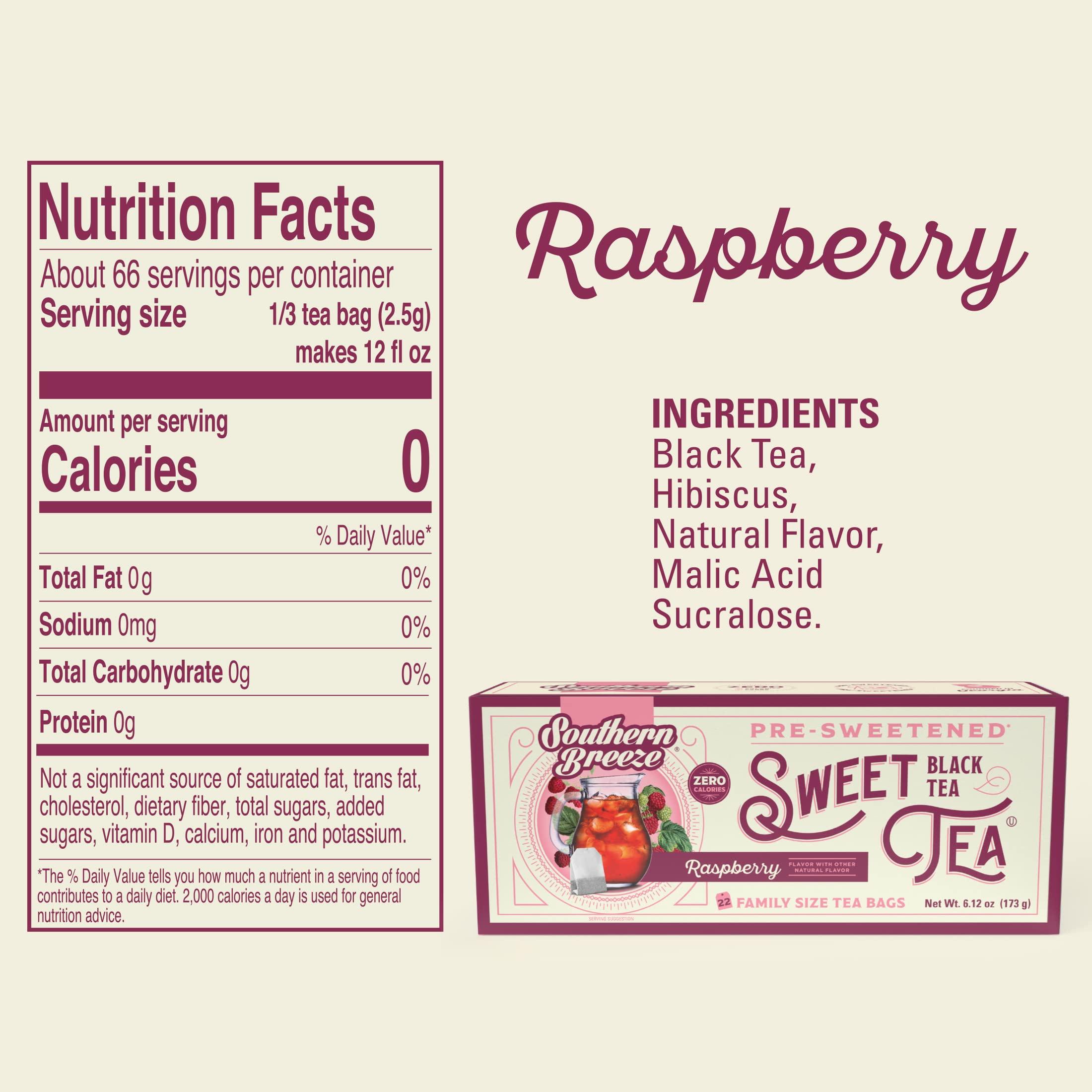 Southern Breeze Southern Breeze Hot Brew Sweet Tea Raspberry Iced Tea with Black Tea and Zero Carbs Zero Sugar, 22 Individually Wrapped Family Size Tea Bags, Pack of 2